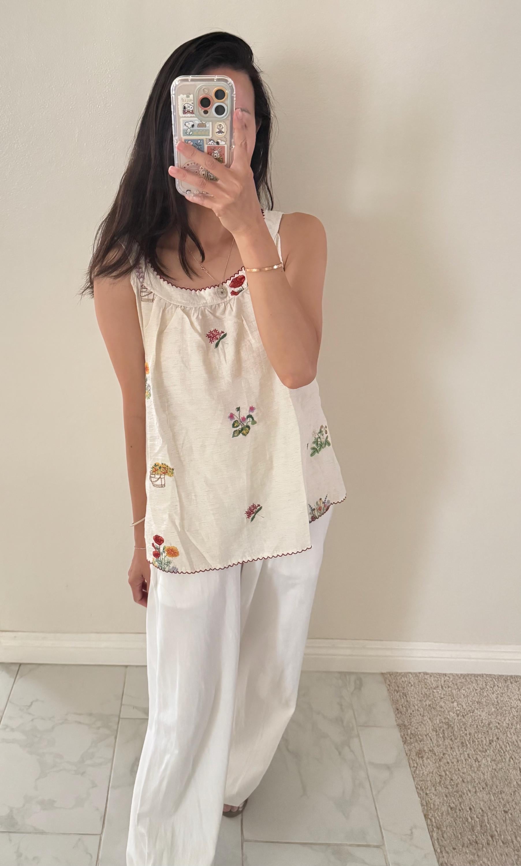 White embroidered Floral Cami French Style Vintage Inspired. Sezane Doen Inspired. Tank top in floral embroidered - Chickticks