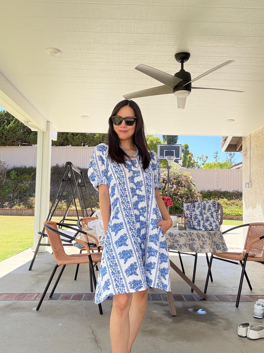 Handblock Print Cotton Floral Print Multifunction Everyday/Nap Dress Top. White Blue Floral Print Dress/Top. Cottage Dress. Doen inspired. - Chickticks