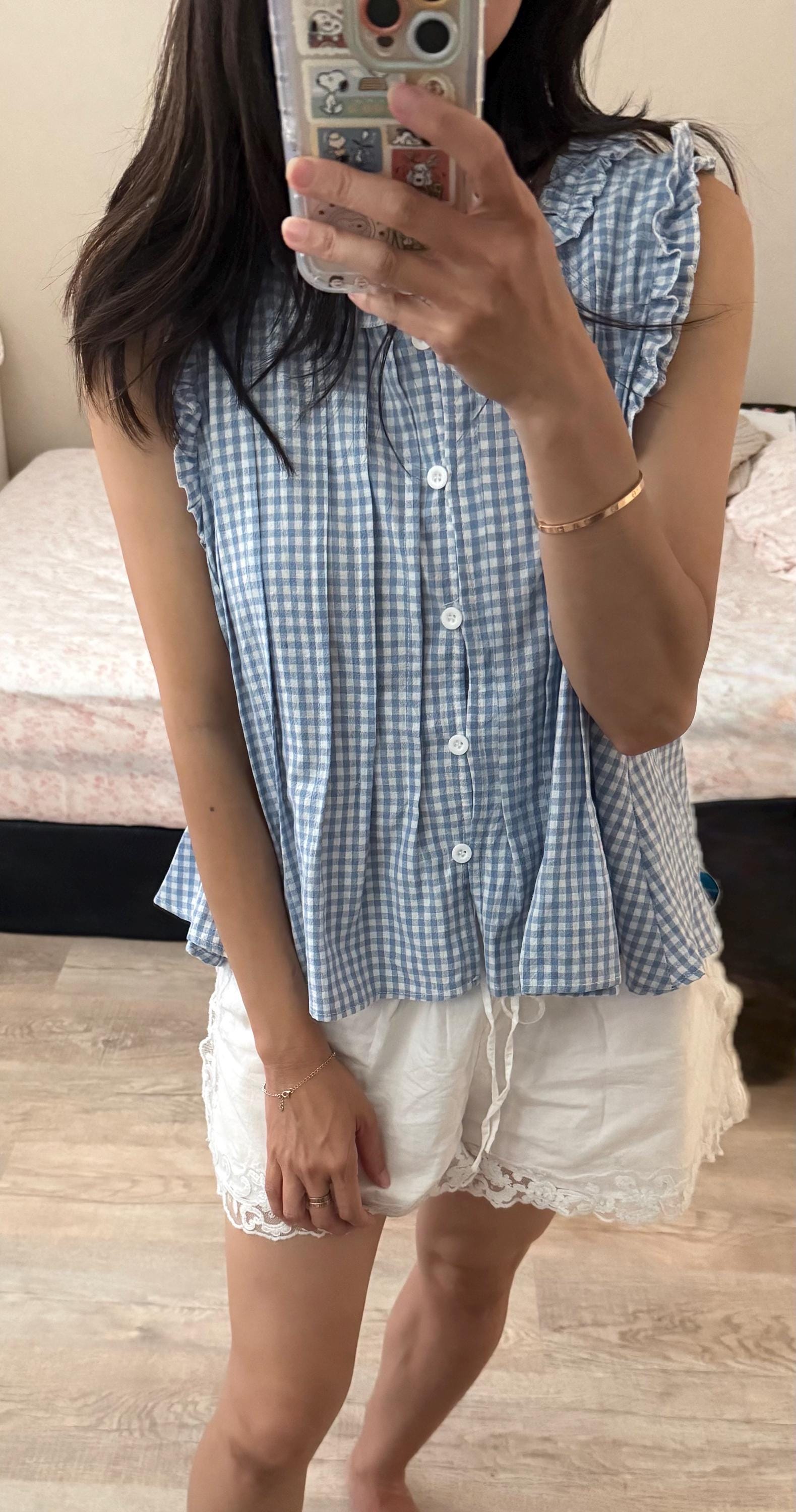 Casual cotton linen blue gingham button down shirt vintage inspired . Cozy top.Romantic blouse. Doen inspired top. Sezane inspired. - Chickticks