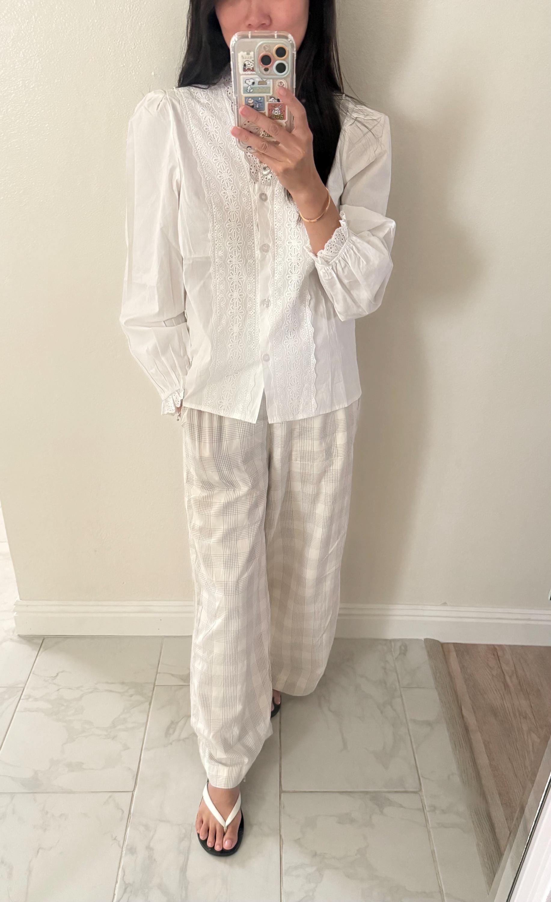Casual cotton shirt french eyelet with ruffle vintage inspired . Cozy cottage vibe top.Romantic blouse. Doen inspired top. Sezane inspired - Chickticks