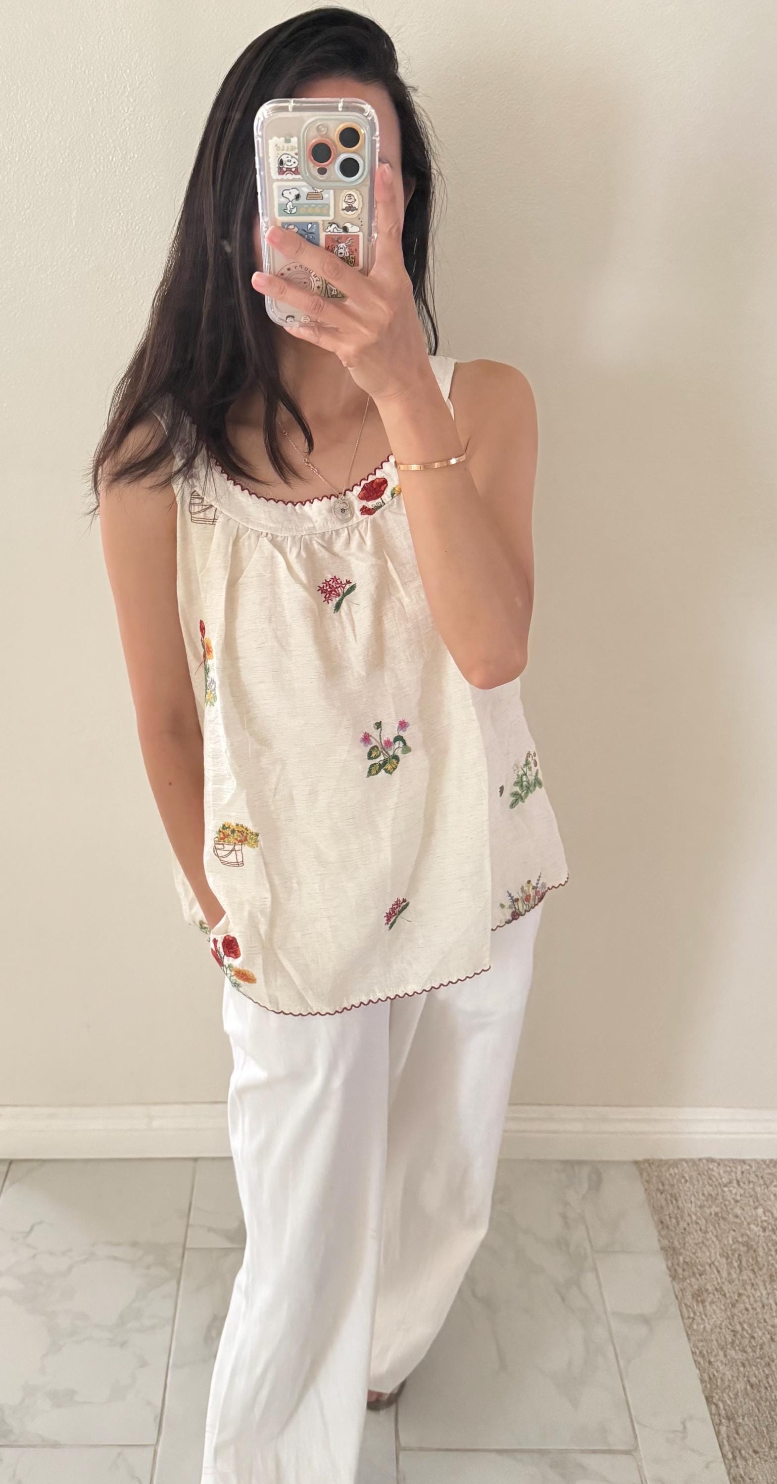 White Embroidered Floral Cami Top. French Vintage Style Cotton Tank. Victorian Boho Style Top. Cotton tank with red trim.
