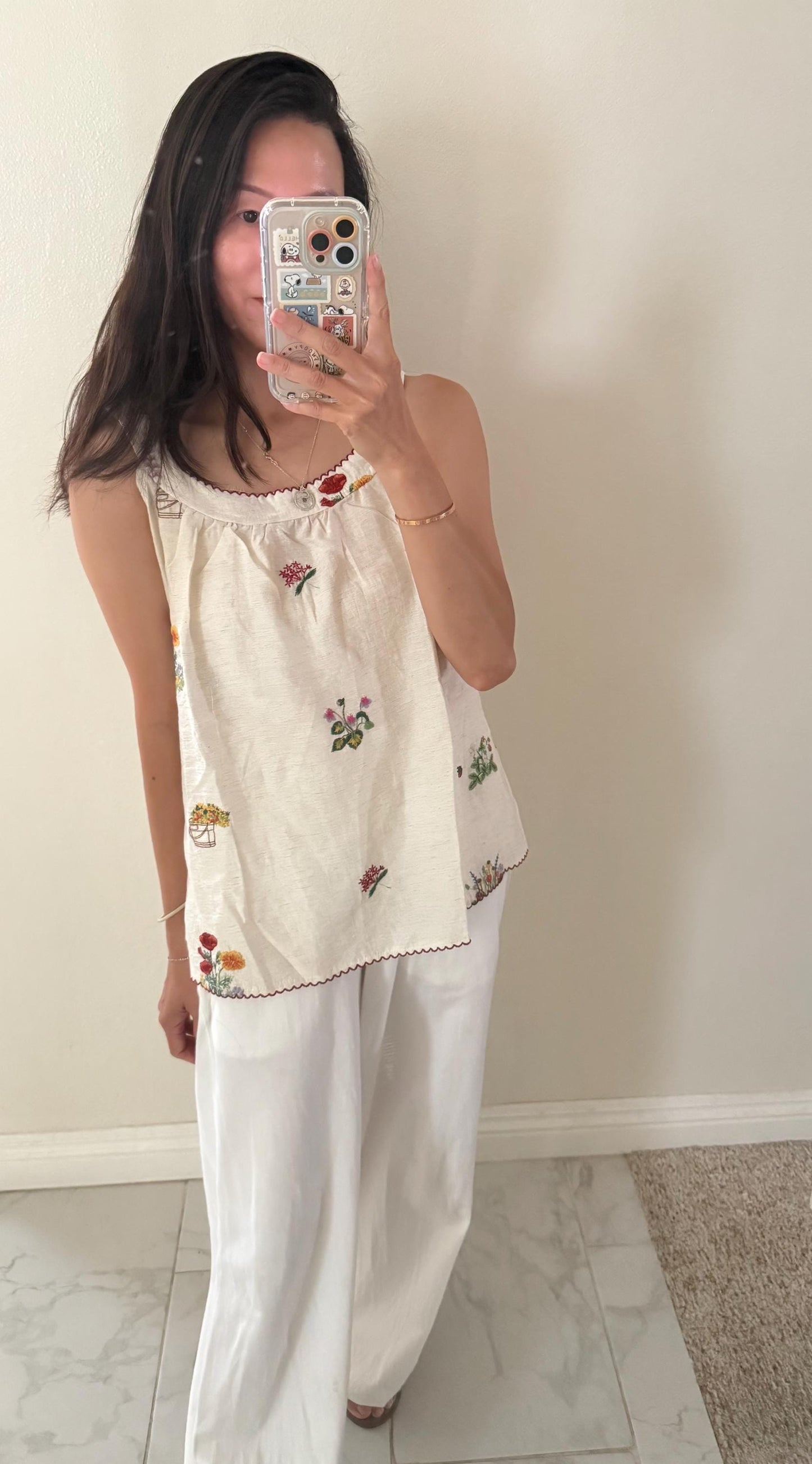 White Embroidered Floral Cami Top. French Vintage Style Cotton Tank. Victorian Boho Style Top. Cotton tank with red trim.