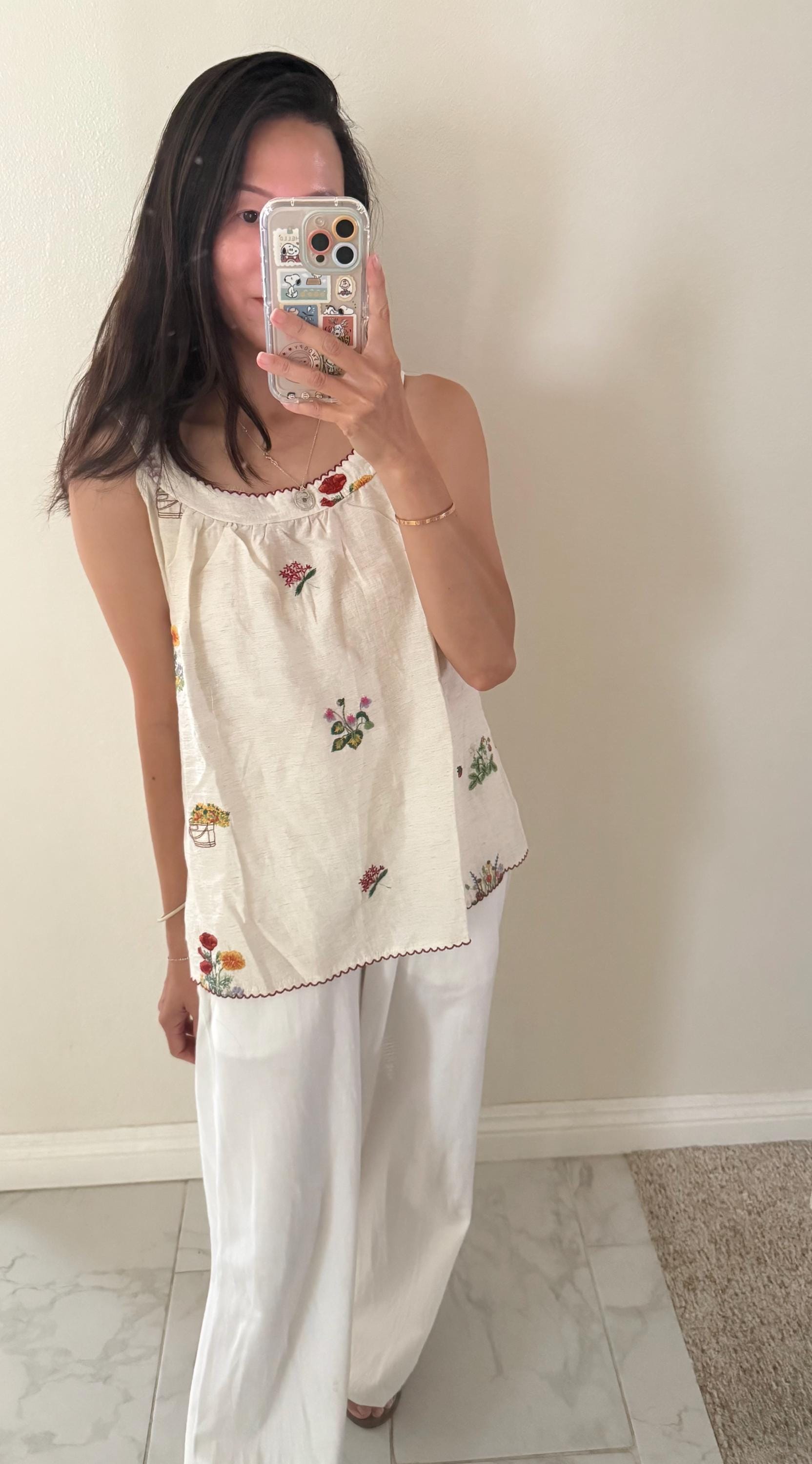 White Embroidered Floral Cami Top. French Vintage Style Cotton Tank. Victorian Boho Style Top. Cotton tank with red trim.