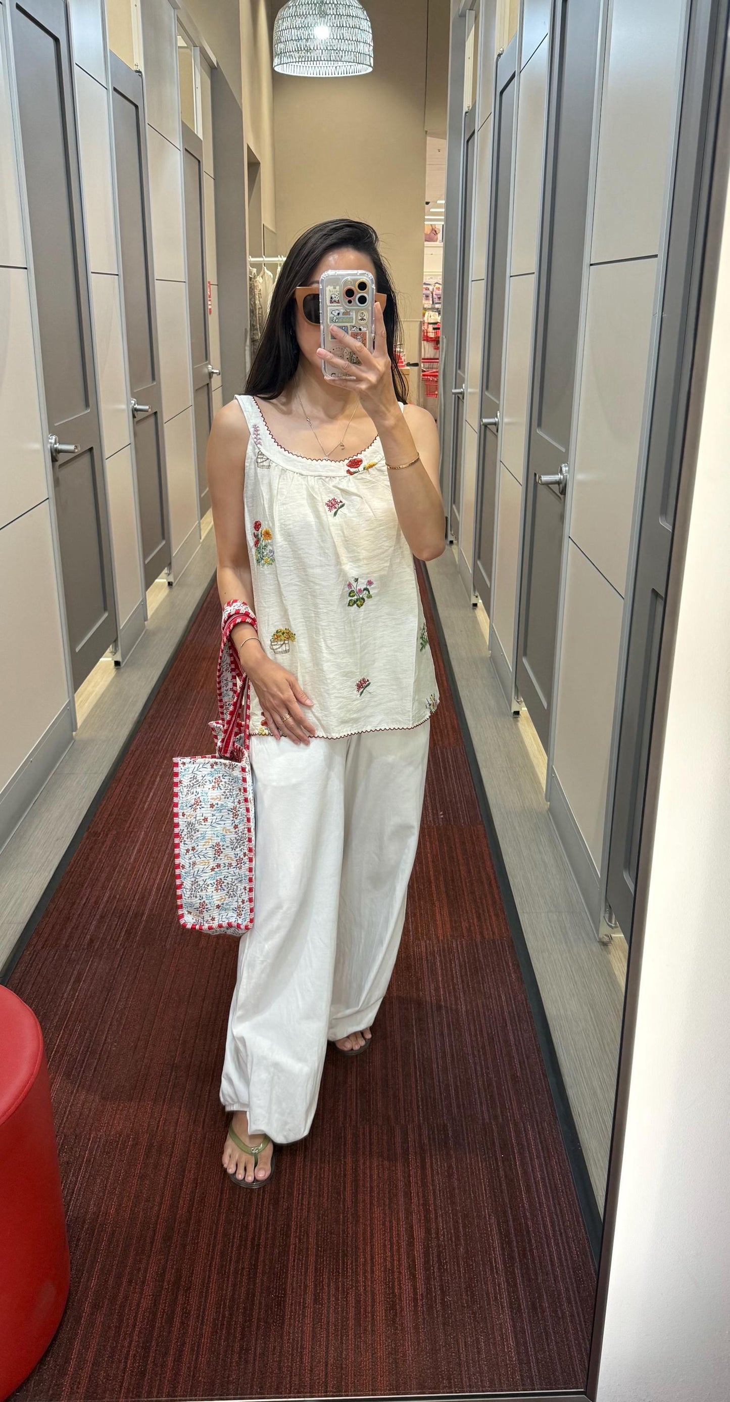 White Embroidered Floral Cami Top. French Vintage Style Cotton Tank. Victorian Boho Style Top. Cotton tank with red trim.