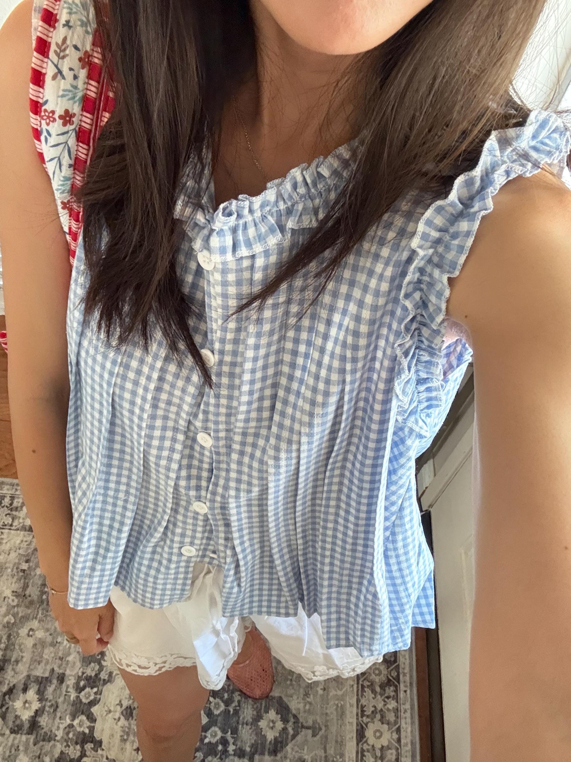 Casual cotton linen blue gingham button down shirt vintage inspired . Cozy top.Romantic blouse. Doen inspired top. Sezane inspired. - Chickticks