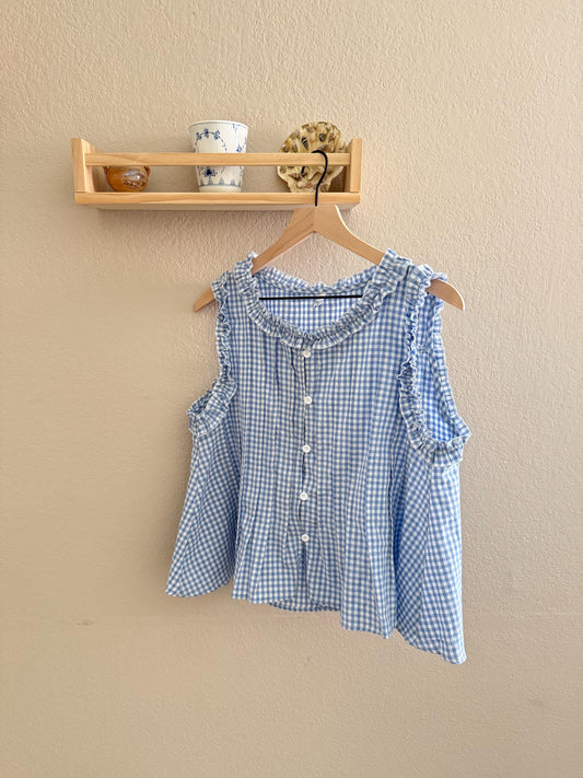 Casual cotton linen blue gingham button down shirt vintage inspired . Cozy top.Romantic blouse. Doen inspired top. Sezane inspired. - Chickticks