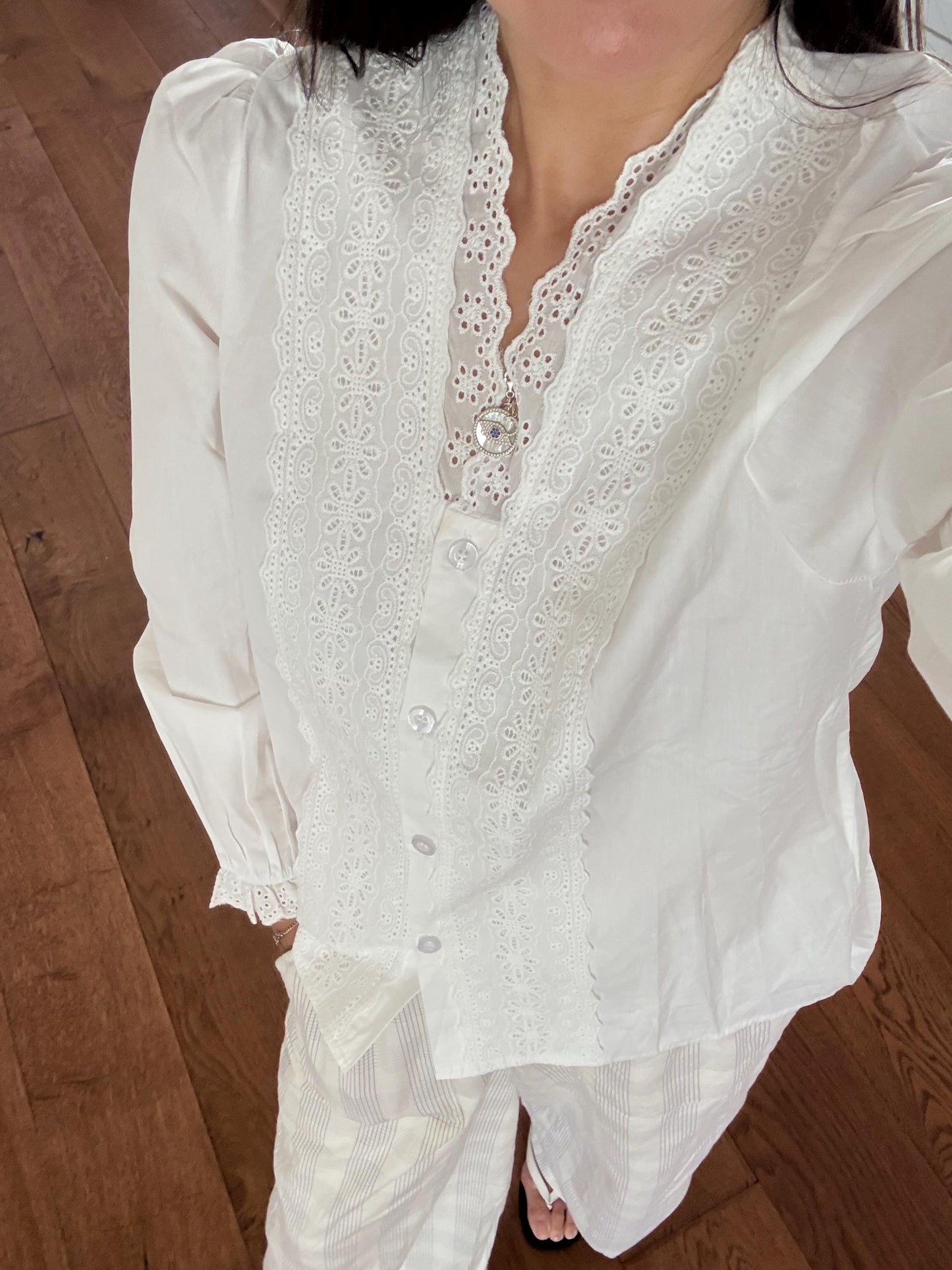 Casual cotton shirt french eyelet with ruffle vintage inspired . Cozy cottage vibe top.Romantic blouse. Doen inspired top. Sezane inspired - Chickticks