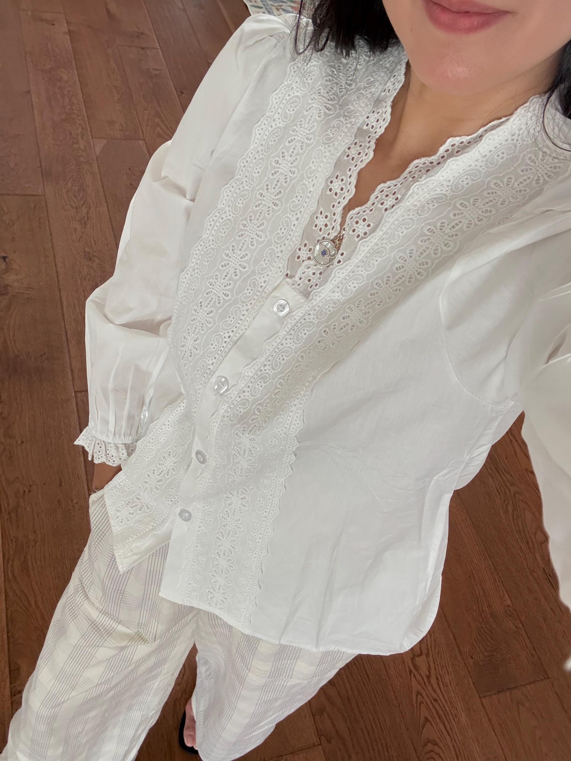 Casual cotton shirt french eyelet with ruffle vintage inspired . Cozy cottage vibe top.Romantic blouse. Doen inspired top. Sezane inspired - Chickticks