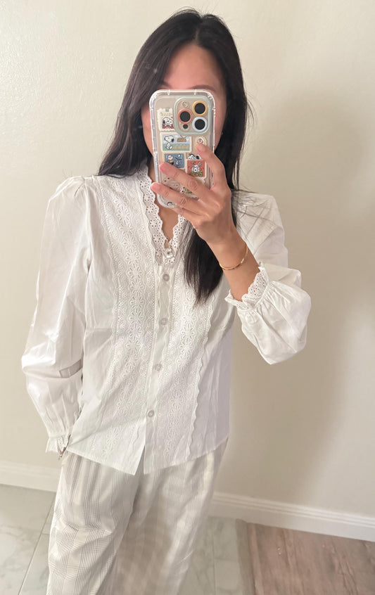 Casual cotton shirt french eyelet with ruffle vintage inspired . Cozy cottage vibe top.Romantic blouse. Doen inspired top. Sezane inspired - Chickticks