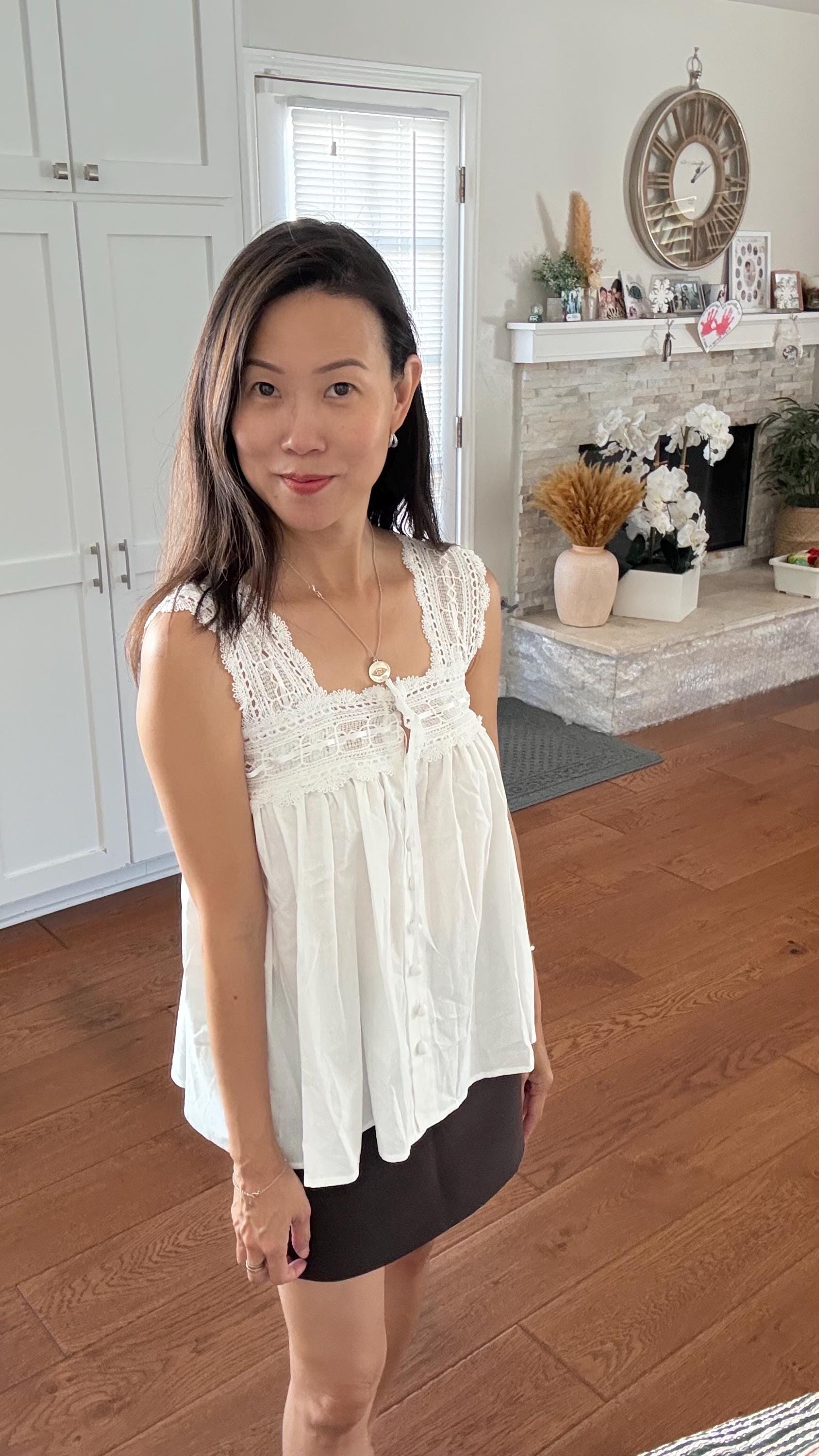 Casual cotton button down tank shirt french lace vintage inspired . Doen Sezane inspired. Cozy cottagecore style top. Summer Fall top. - Chickticks
