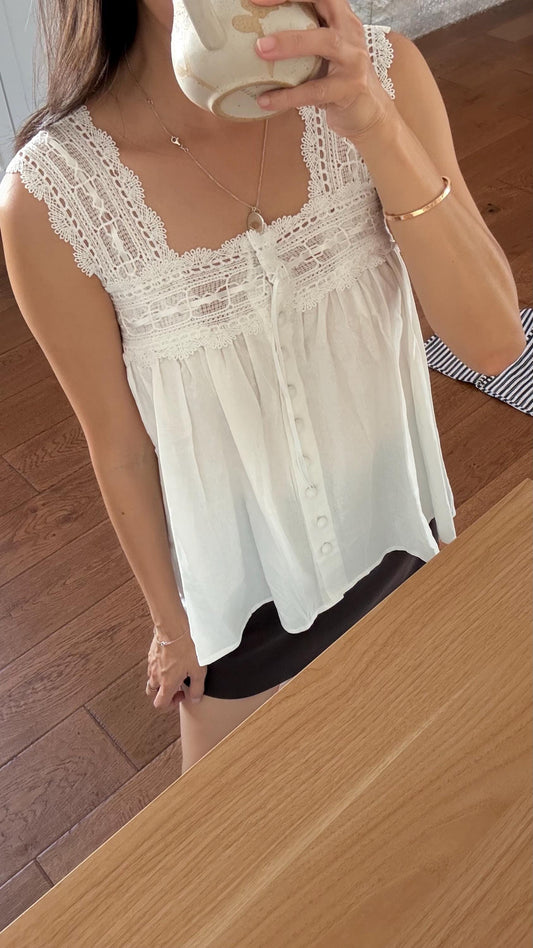 Casual cotton button down tank shirt french lace vintage inspired . Doen Sezane inspired. Cozy cottagecore style top. Summer Fall top. - Chickticks