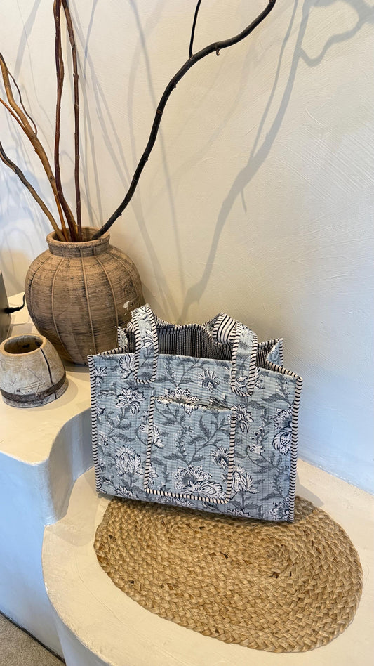 Hand blocked print cotton quilt bag large tote bag / large tote bag with pockets/ floral blue bags/ floral prints cotton quilt tote bag - Chickticks