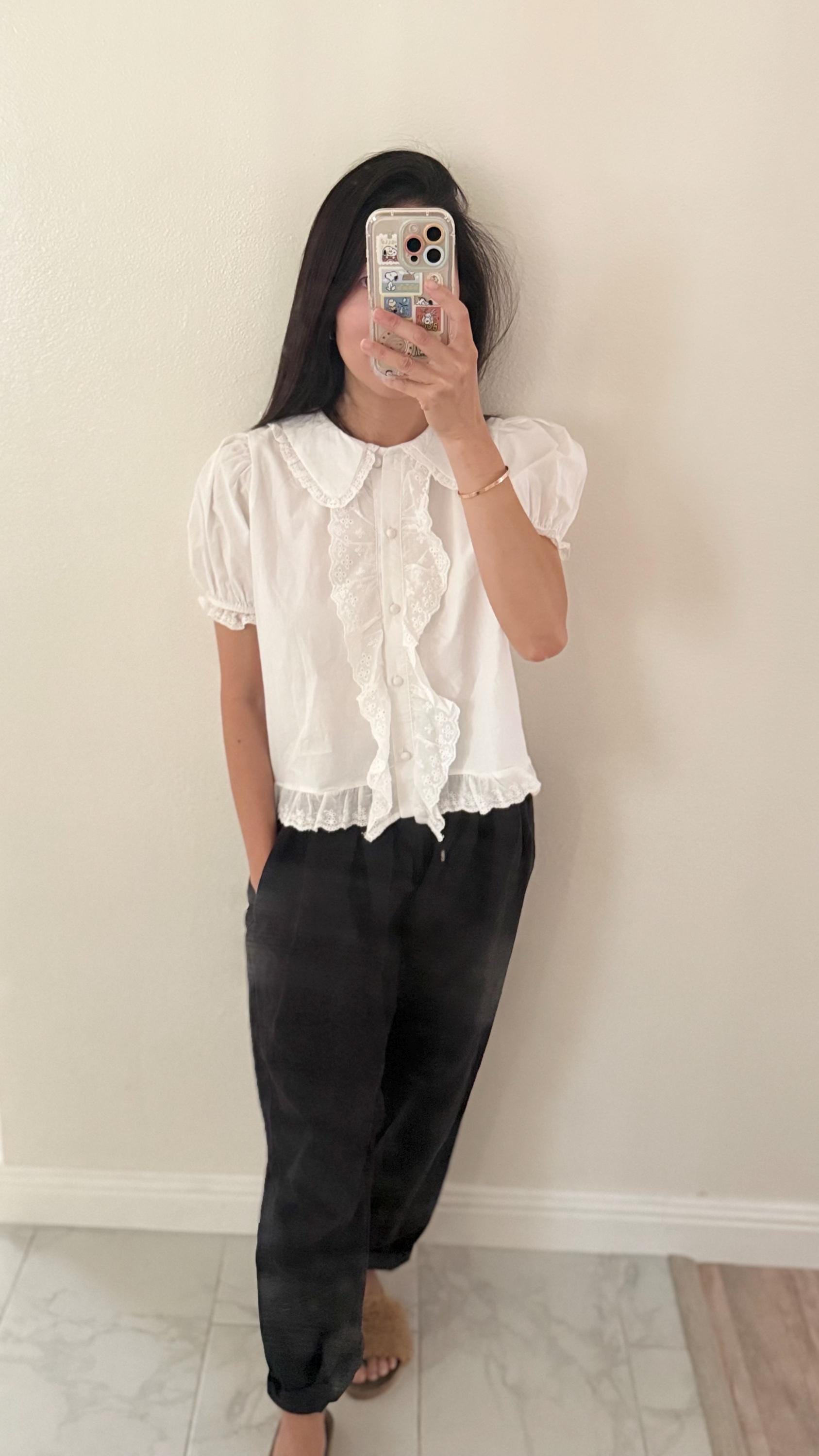 Cotton embroidered lace blouse french style vintage inspired. White button down shirt ruffle shirt. Sezane Doen inspired boho blouse - Chickticks