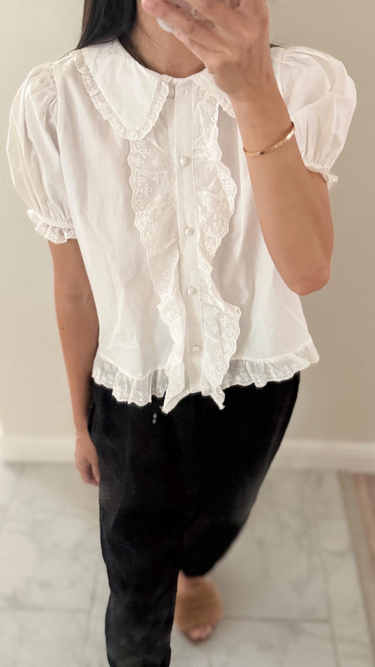 Cotton embroidered lace blouse french style vintage inspired. White button down shirt ruffle shirt. Sezane Doen inspired boho blouse - Chickticks