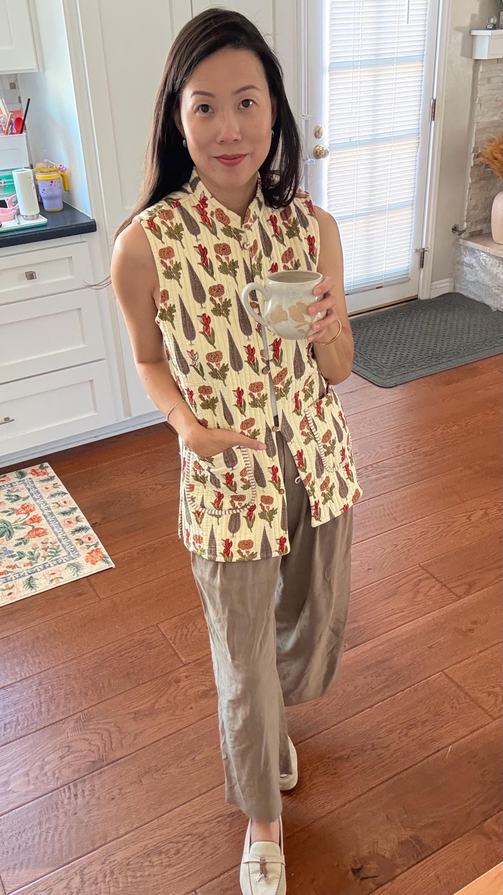 Cotton Quilt Vest Top Style Vintage inspired. Handblocked floral print vest cardigan. Sezane Doen inspired vest. - Chickticks