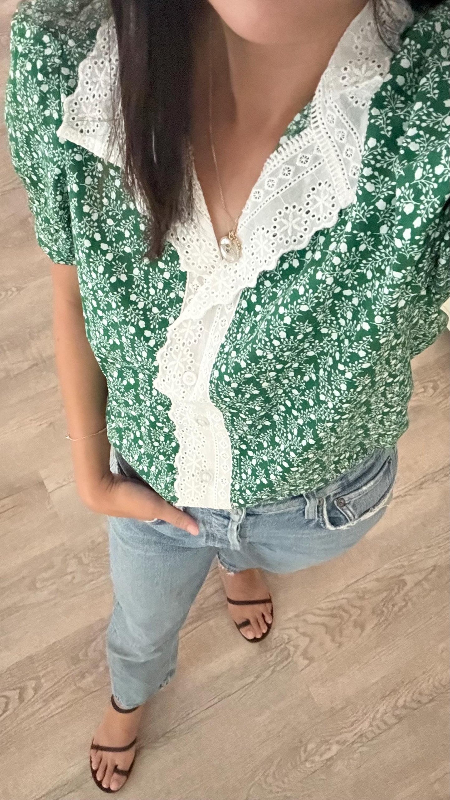 Casual cotton green sage fall floral vintage inspired . French lace cotton top. Romantic blouse. Doen sezane inspired fall top. - Chickticks