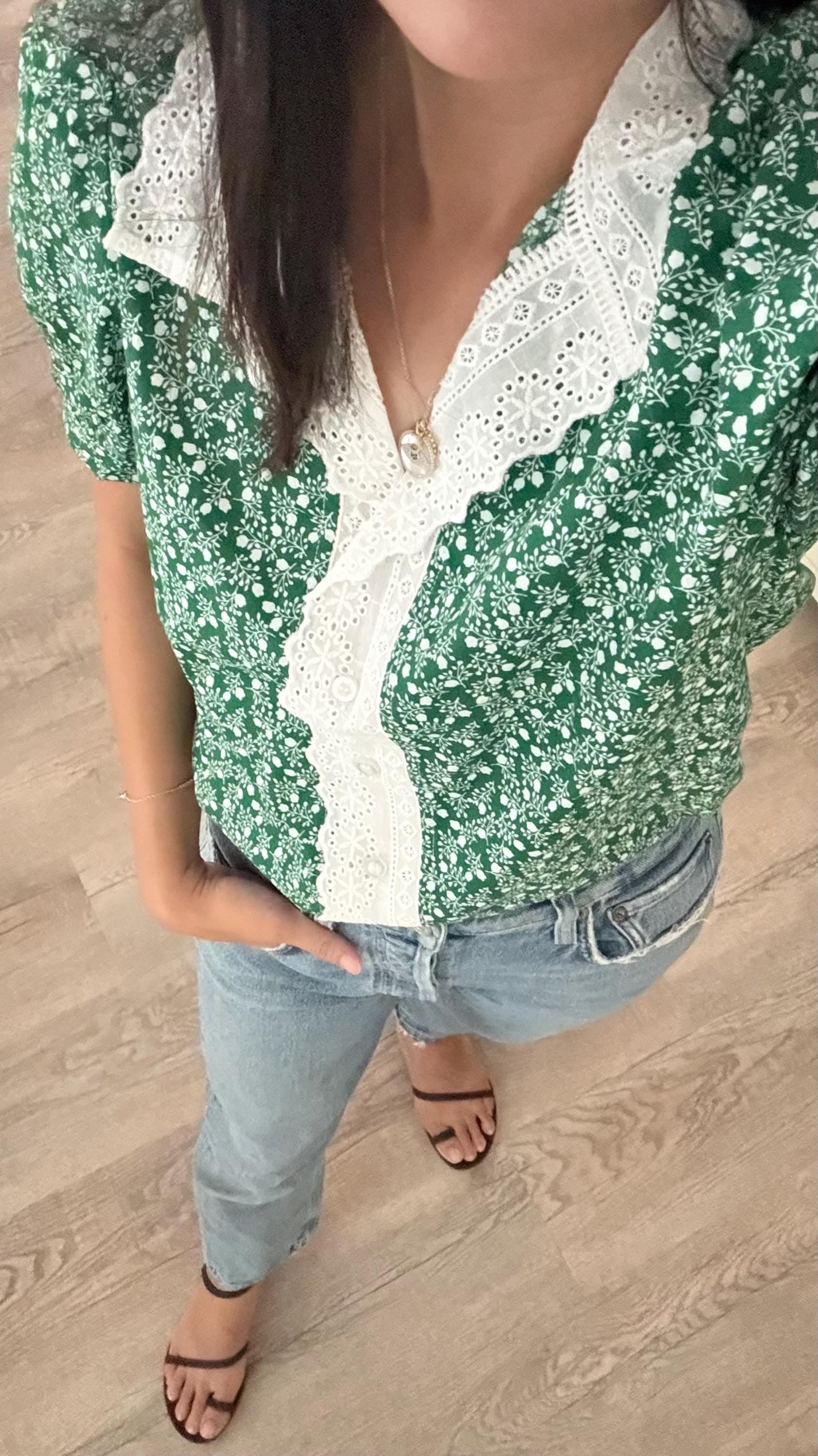 Casual cotton green sage fall floral vintage inspired . French lace cotton top. Romantic blouse. Doen sezane inspired fall top. - Chickticks