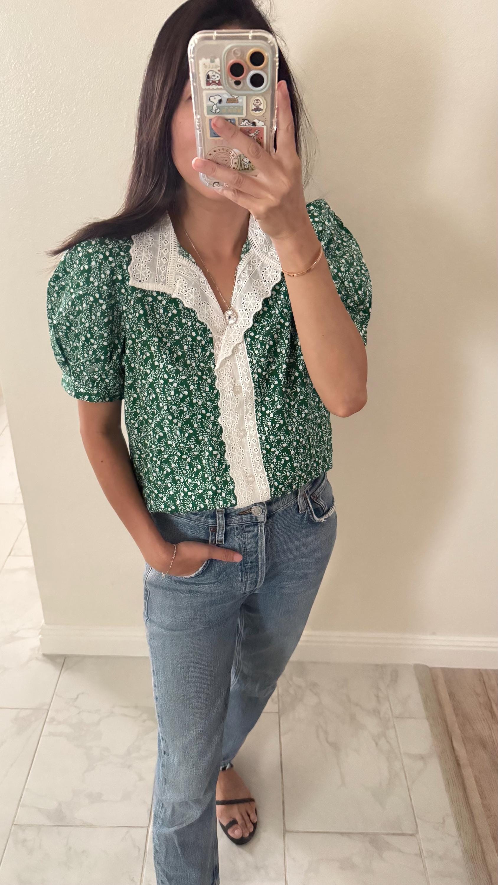 Casual cotton green sage fall floral vintage inspired . French lace cotton top. Romantic blouse. Doen sezane inspired fall top. - Chickticks