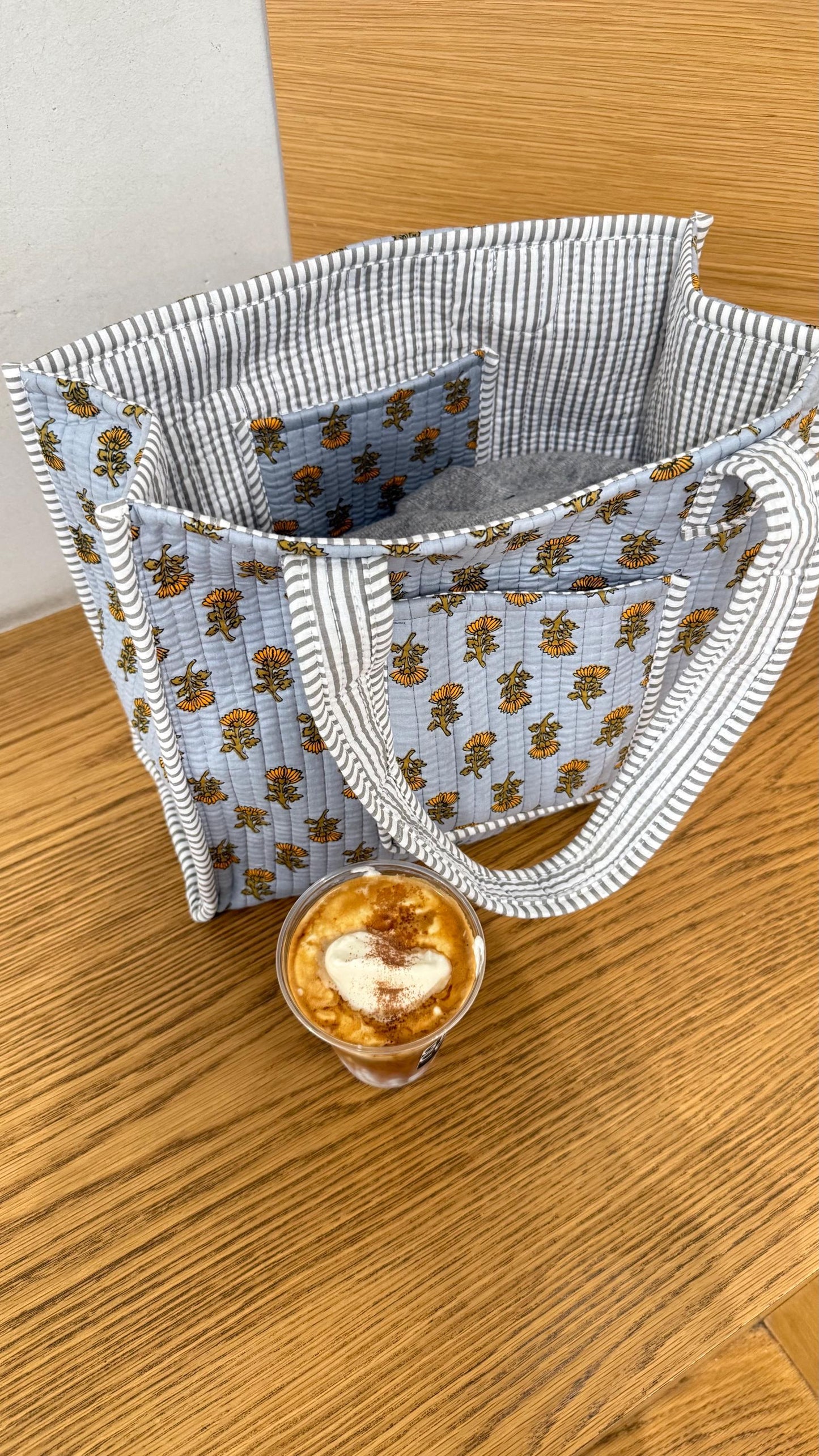 Hand blocked sunflower cotton quilt bag/yellow flower print tote bag / red floral print with pockets/ beach bag/ summer pretty tote bag - Chickticks
