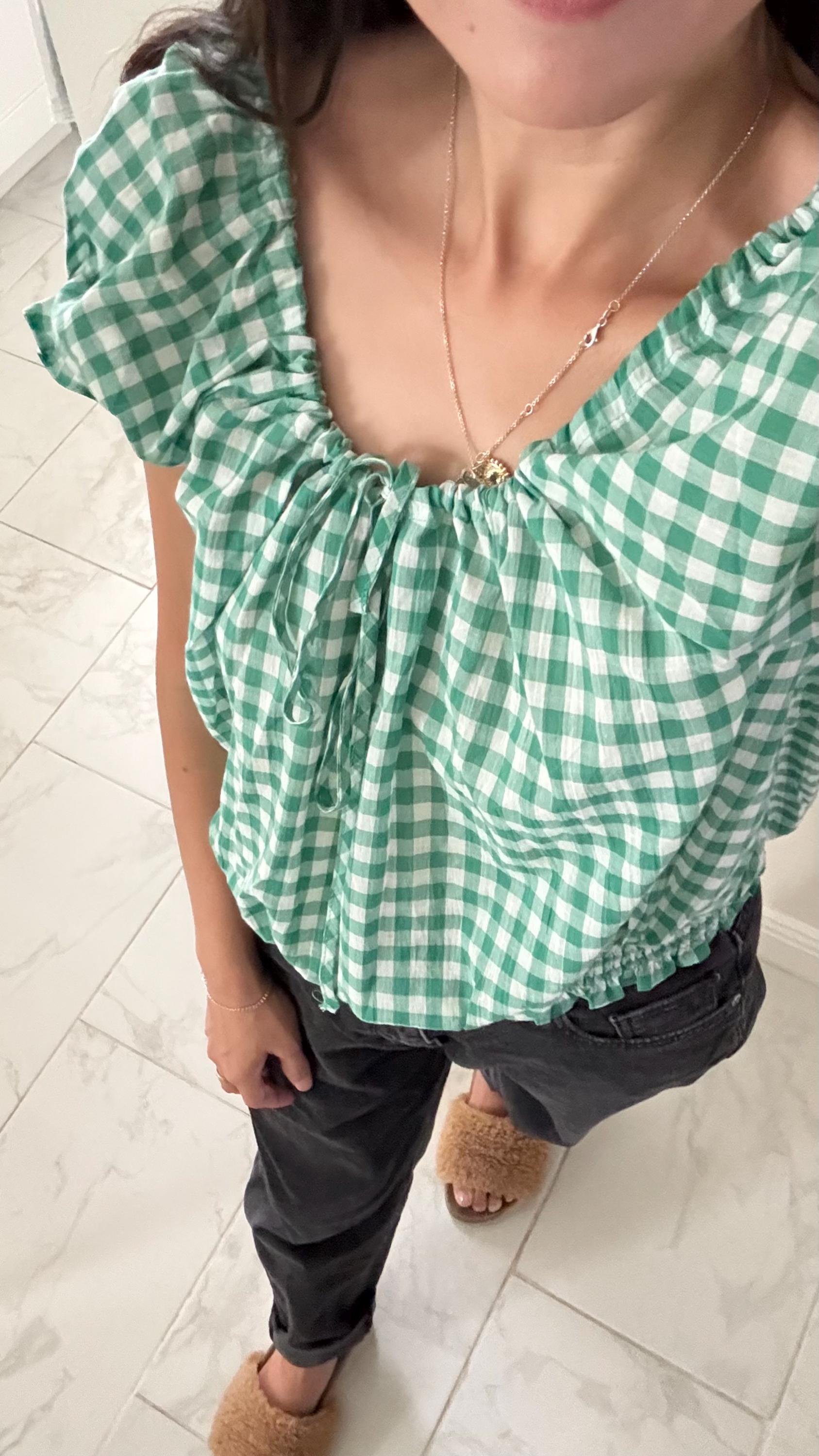 Cotton Green gingham top french style vintage inspired. Gingham Romantic blouse. Cozy comfortable Doen Sezane inspired - Chickticks