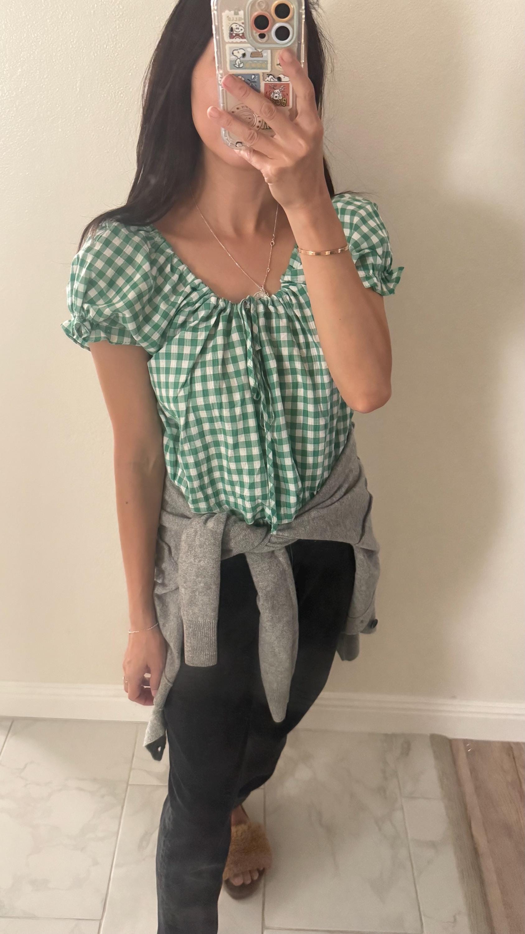 Cotton Green gingham top french style vintage inspired. Gingham Romantic blouse. Cozy comfortable Doen Sezane inspired - Chickticks