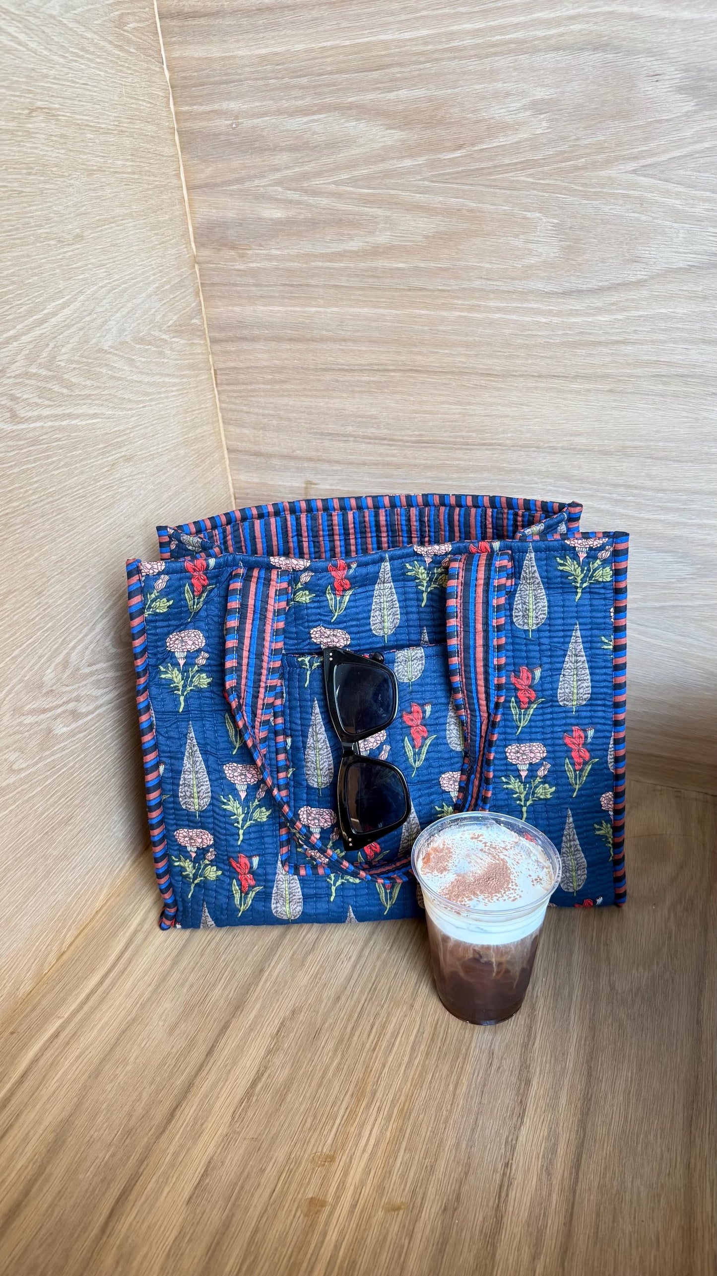 Hand blocked print floral cotton quilt navy blue tote bag / reversible stripe cotton tote bag/ beach bag / floral navy dark blue tote bag - Chickticks