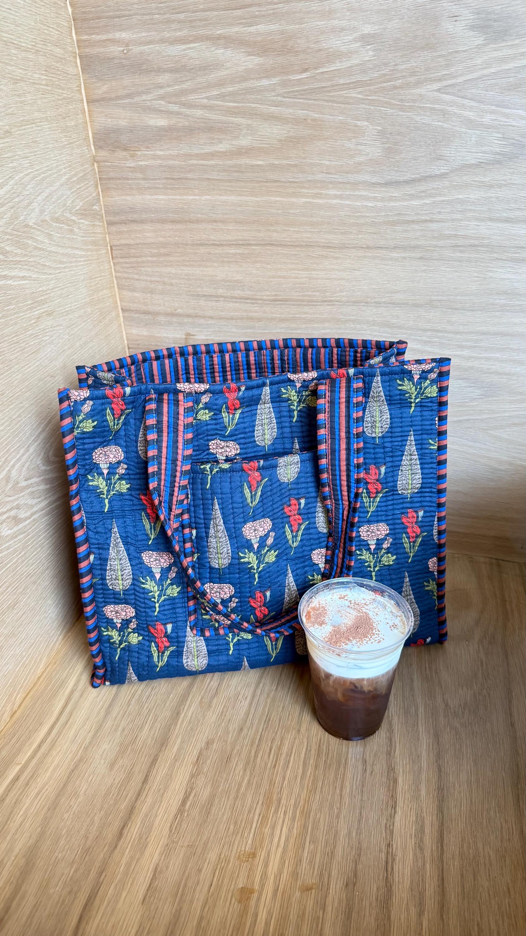 Hand blocked print floral cotton quilt navy blue tote bag / reversible stripe cotton tote bag/ beach bag / floral navy dark blue tote bag - Chickticks