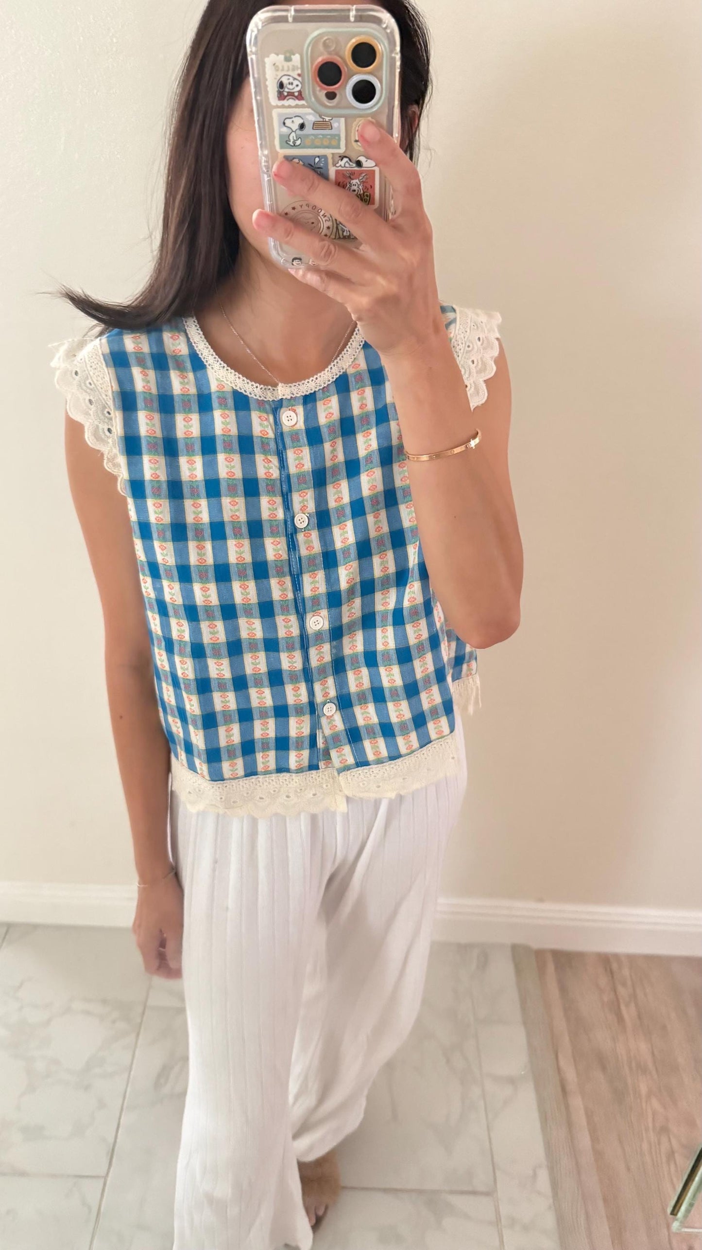 Blue Gingham Floral shirt french style vintage inspired. Bohemian shirt. Victorian shirt. Romantic blouse. Vest top doen sezane top - Chickticks