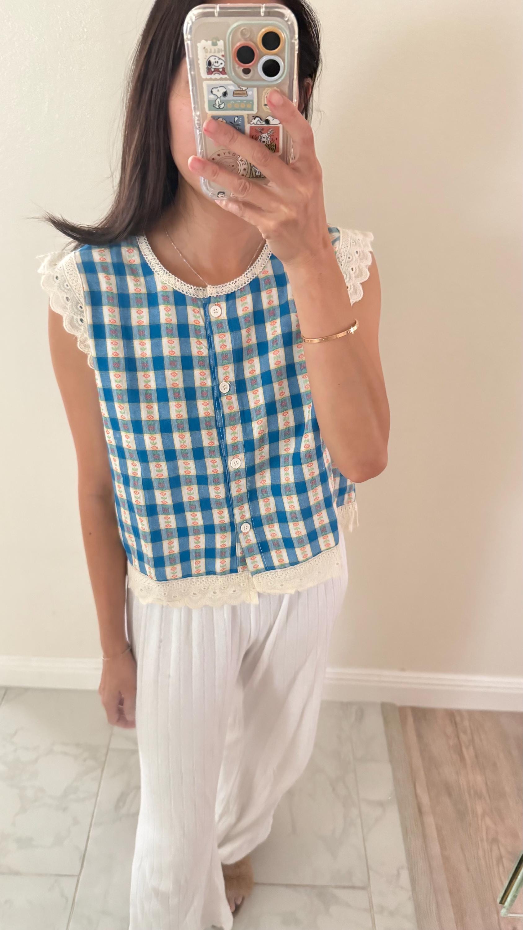 Blue Gingham Floral shirt french style vintage inspired. Bohemian shirt. Victorian shirt. Romantic blouse. Vest top doen sezane top - Chickticks