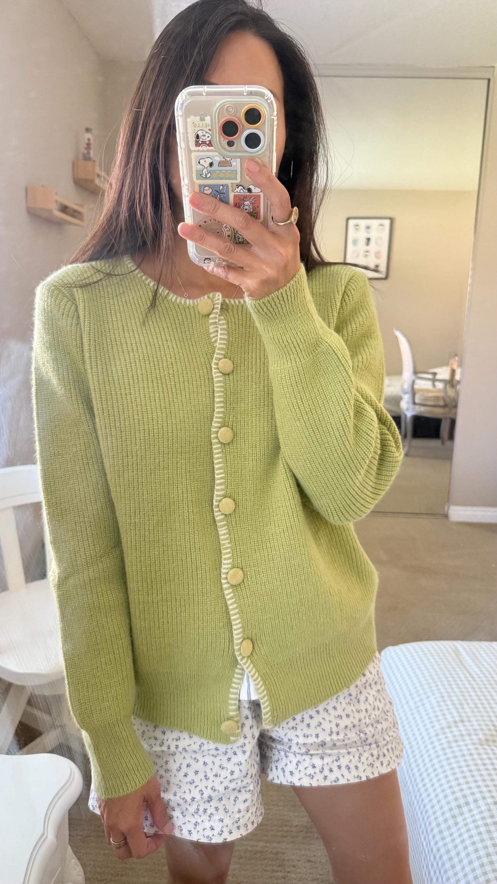 Green lime sage french style cardig vintage inspired. Romantic cozy cardigan. Boho Victorian cardigan. Doen Sezane inspired cardigan - Chickticks