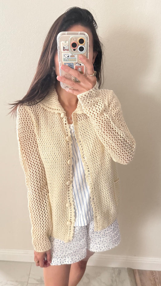 Cotton knit crochet cardigandown floral ruffle top. Cozy cottagecore vibes top cardigan.Romantic cardigan. Doen Sezane inspired - Chickticks