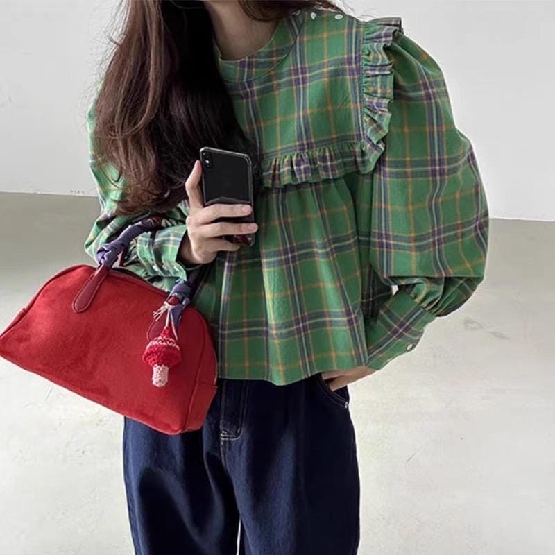 Cotton green gingham shirt french style vintage inspired. Victorian style shirt. Bohemian style shirt. Cozy comfortable top. Romantic blouse - Chickticks