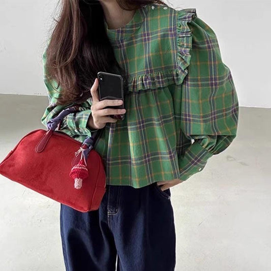 Cotton green gingham shirt french style vintage inspired. Victorian style shirt. Bohemian style shirt. Cozy comfortable top. Romantic blouse - Chickticks