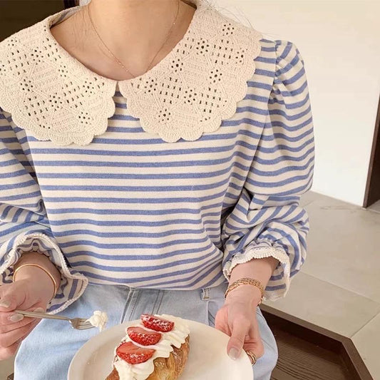 Cotton blue stripes sweatshirt french style vintage inspired. Victorian style sweatshirt . Bohemian style shirt. Romantic Doen Sezane inspo - Chickticks