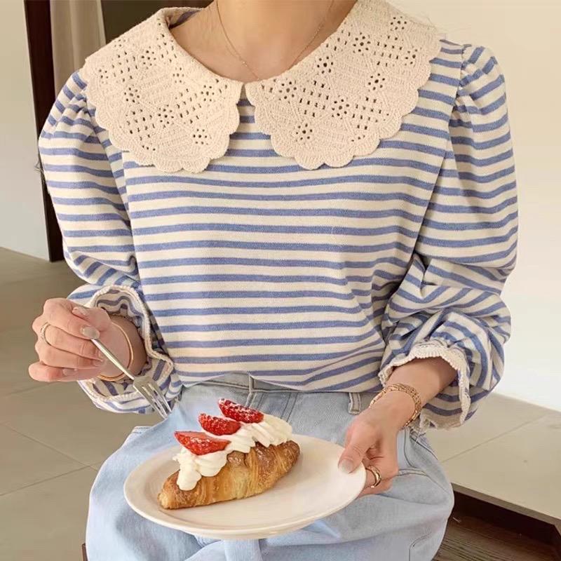 Cotton blue stripes sweatshirt french style vintage inspired. Victorian style sweatshirt . Bohemian style shirt. Romantic Doen Sezane inspo - Chickticks
