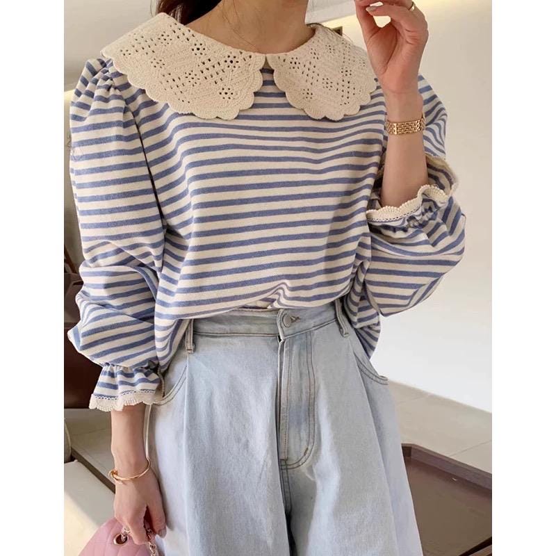 Cotton blue stripes sweatshirt french style vintage inspired. Victorian style sweatshirt . Bohemian style shirt. Romantic Doen Sezane inspo - Chickticks