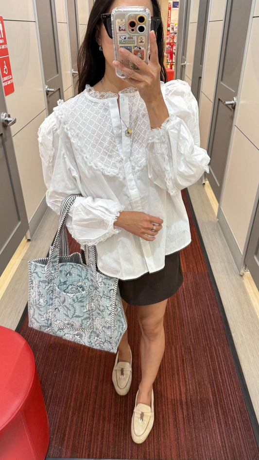 Cotton white shirt floral french lace. Doen Sezane inspired top. Victorian Bohemian shirt style. Cottagecore top style. Cozy Fall shirt - Chickticks