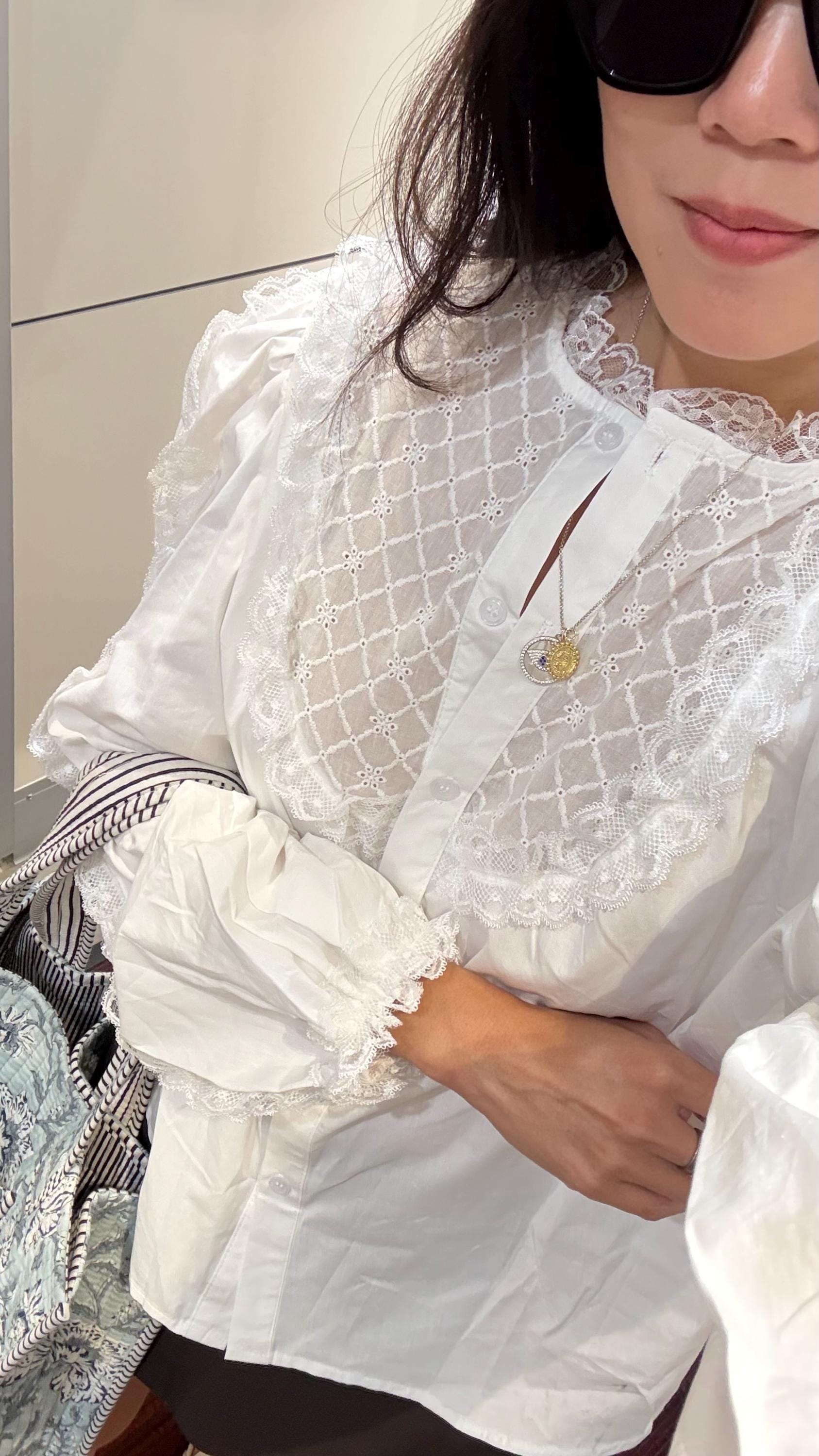 Cotton white shirt floral french lace. Doen Sezane inspired top. Victorian Bohemian shirt style. Cottagecore top style. Cozy Fall shirt - Chickticks