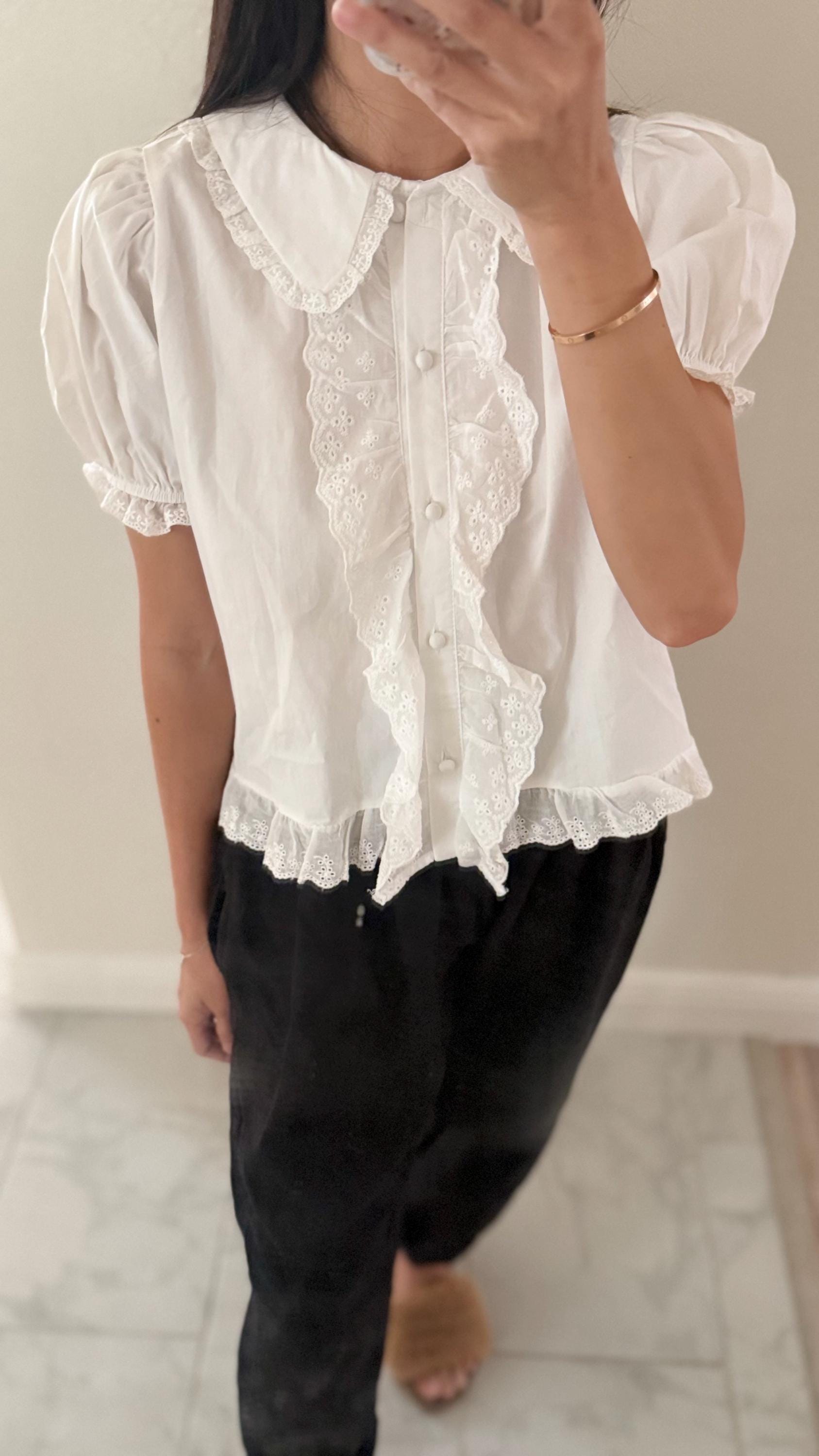 Cotton embroidered lace blouse french style vintage inspired. White button down shirt ruffle shirt. Sezane Doen inspired boho blouse - Chickticks