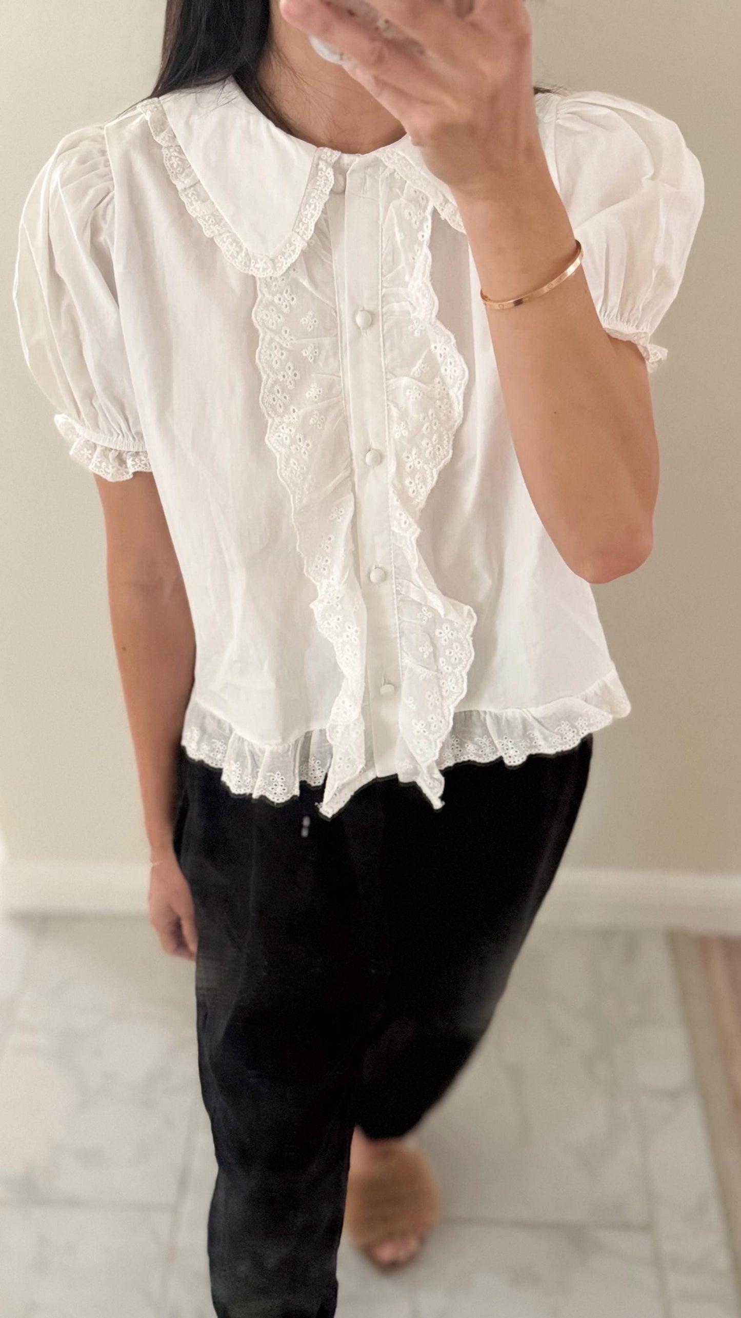 Cotton embroidered lace blouse french style vintage inspired. White button down shirt ruffle shirt. Sezane Doen inspired boho blouse - Chickticks