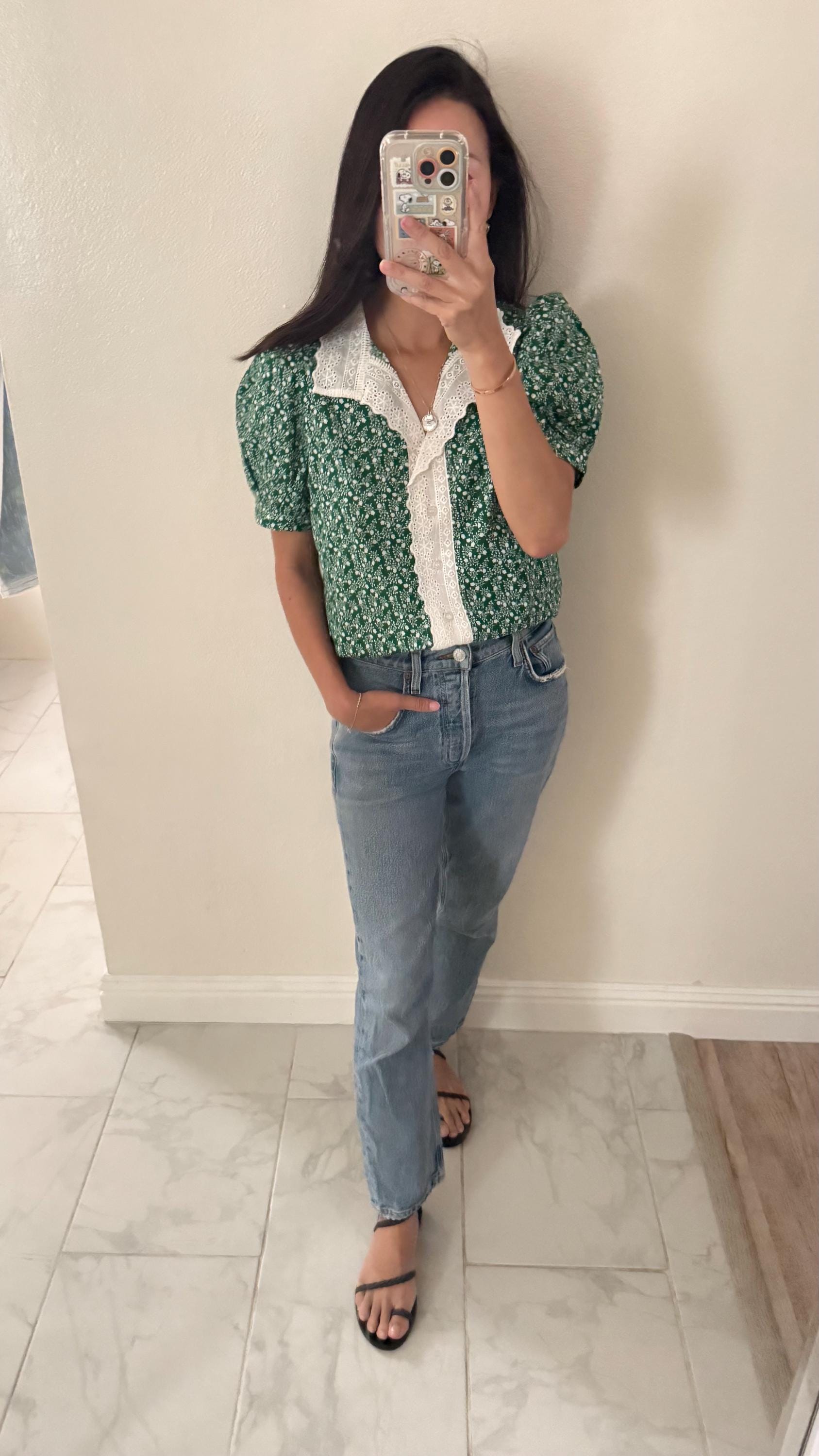 Casual cotton green sage fall floral vintage inspired . French lace cotton top. Romantic blouse. Doen sezane inspired fall top. - Chickticks