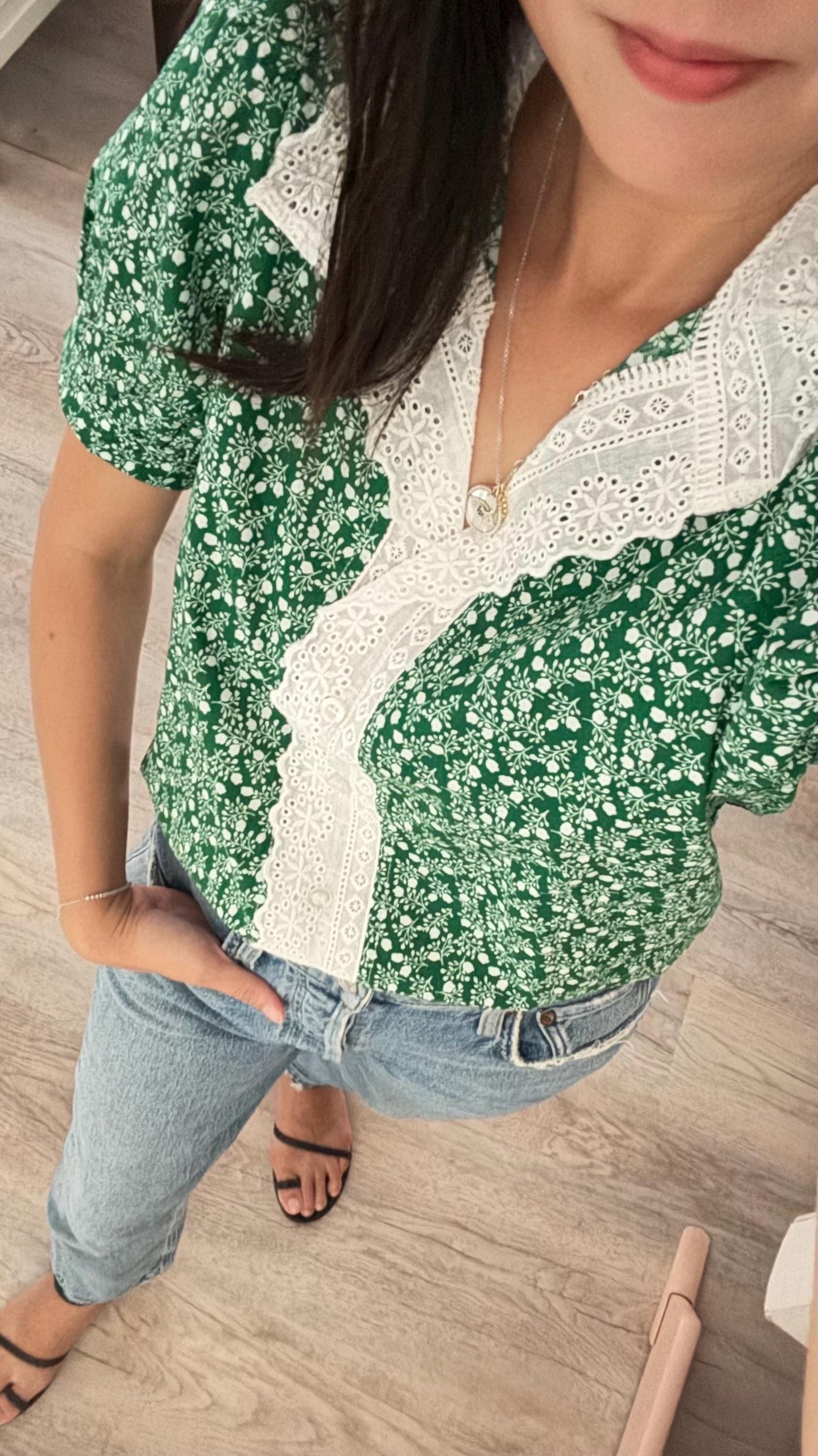 Casual cotton green sage fall floral vintage inspired . French lace cotton top. Romantic blouse. Doen sezane inspired fall top. - Chickticks