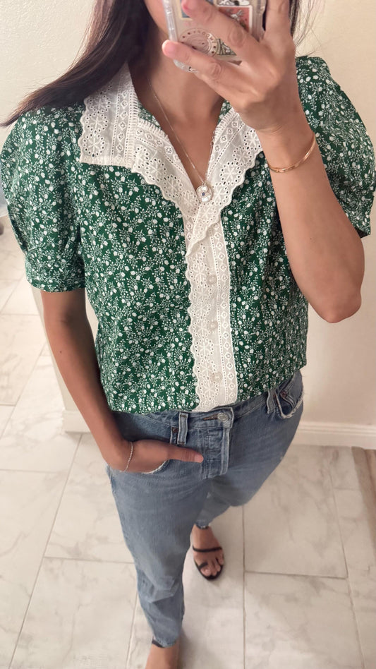 Casual cotton green sage fall floral vintage inspired . French lace cotton top. Romantic blouse. Doen sezane inspired fall top. - Chickticks