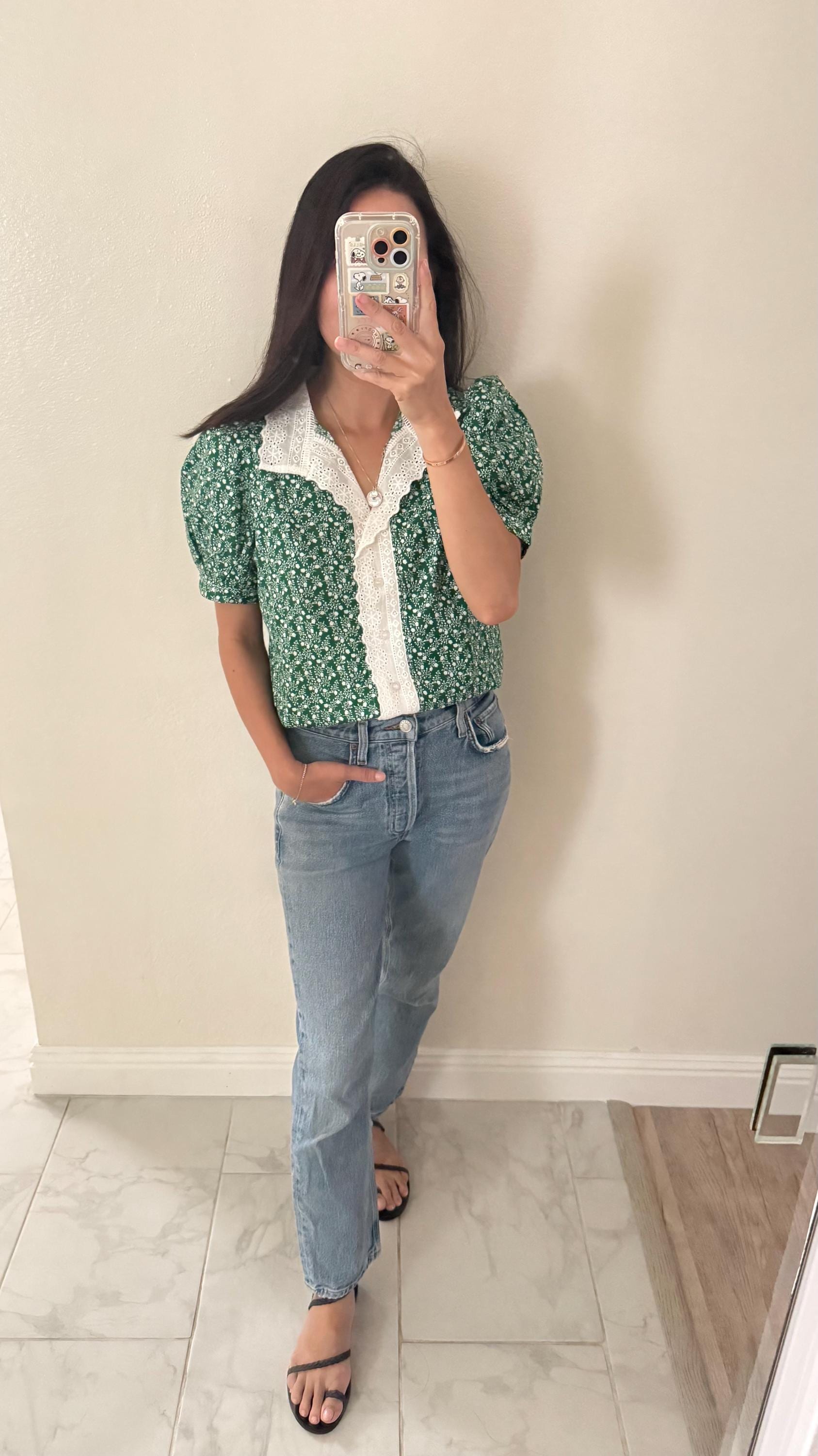 Casual cotton green sage fall floral vintage inspired . French lace cotton top. Romantic blouse. Doen sezane inspired fall top. - Chickticks