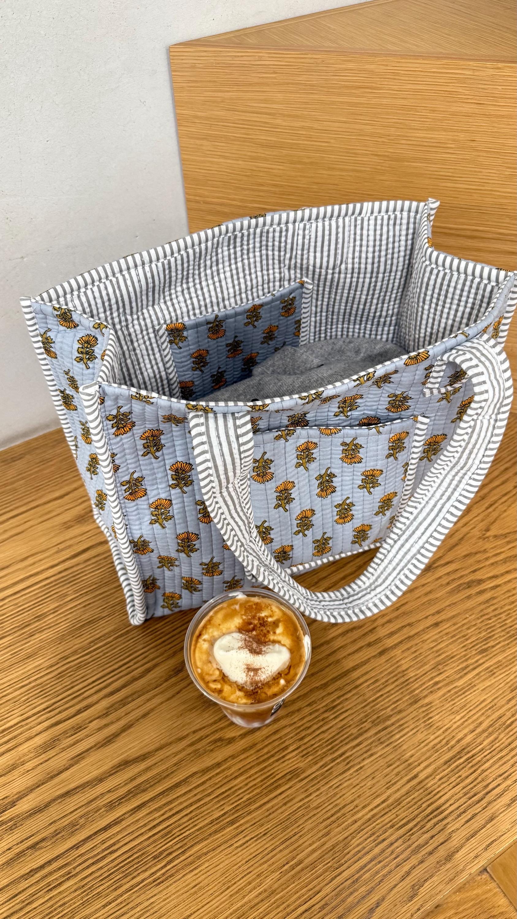 Hand blocked sunflower cotton quilt bag/yellow flower print tote bag / red floral print with pockets/ beach bag/ summer pretty tote bag - Chickticks