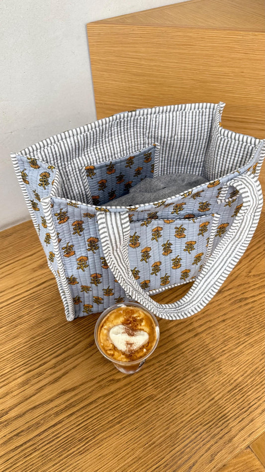 Hand blocked sunflower cotton quilt bag/yellow flower print tote bag / red floral print with pockets/ beach bag/ summer pretty tote bag - Chickticks
