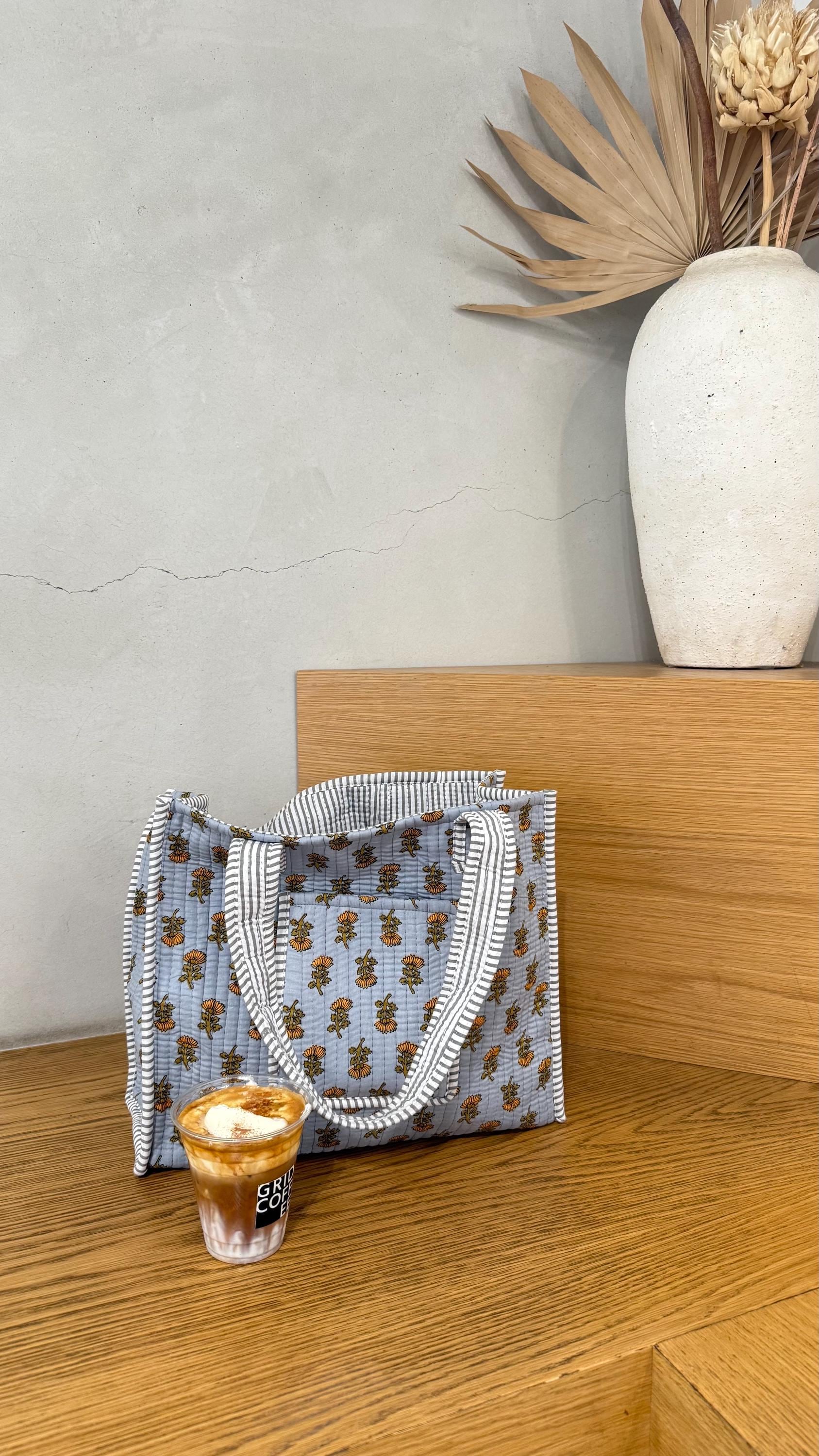 Hand blocked sunflower cotton quilt bag/yellow flower print tote bag / red floral print with pockets/ beach bag/ summer pretty tote bag - Chickticks