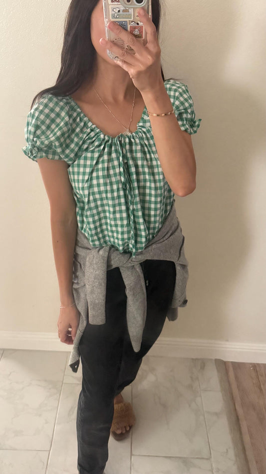 Cotton Green gingham top french style vintage inspired. Gingham Romantic blouse. Cozy comfortable Doen Sezane inspired - Chickticks