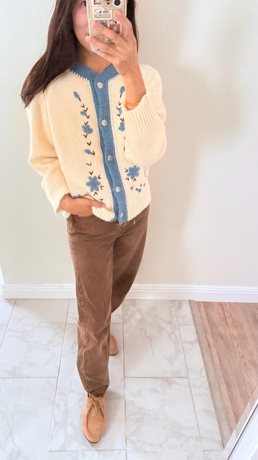 White blue soft wool knit vintage inspired cardigan. Cozy romantic cardigan. Doen Sezane inspired cardigan. Thick wool cardigan