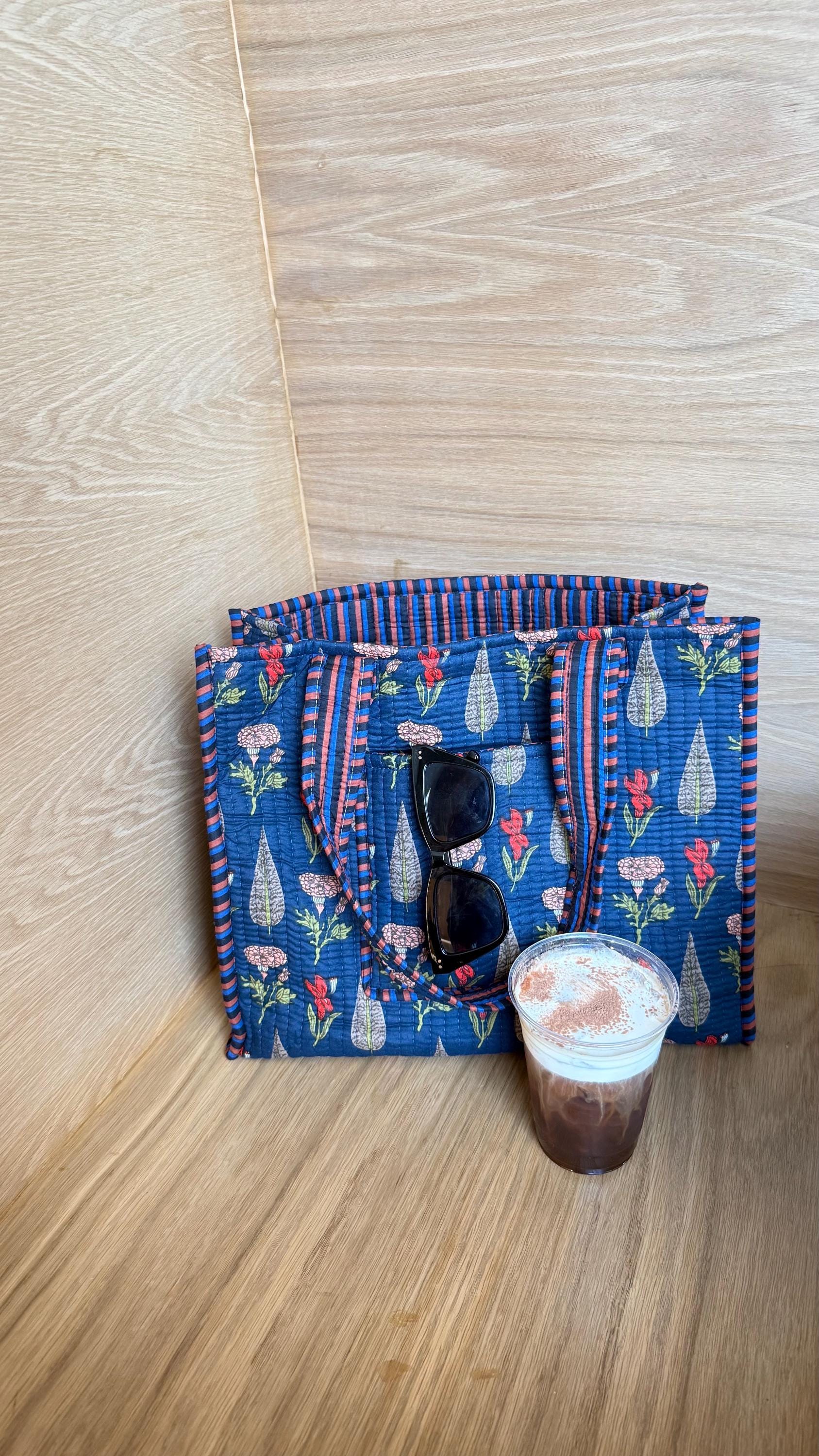 Hand blocked print floral cotton quilt navy blue tote bag / reversible stripe cotton tote bag/ beach bag / floral navy dark blue tote bag - Chickticks